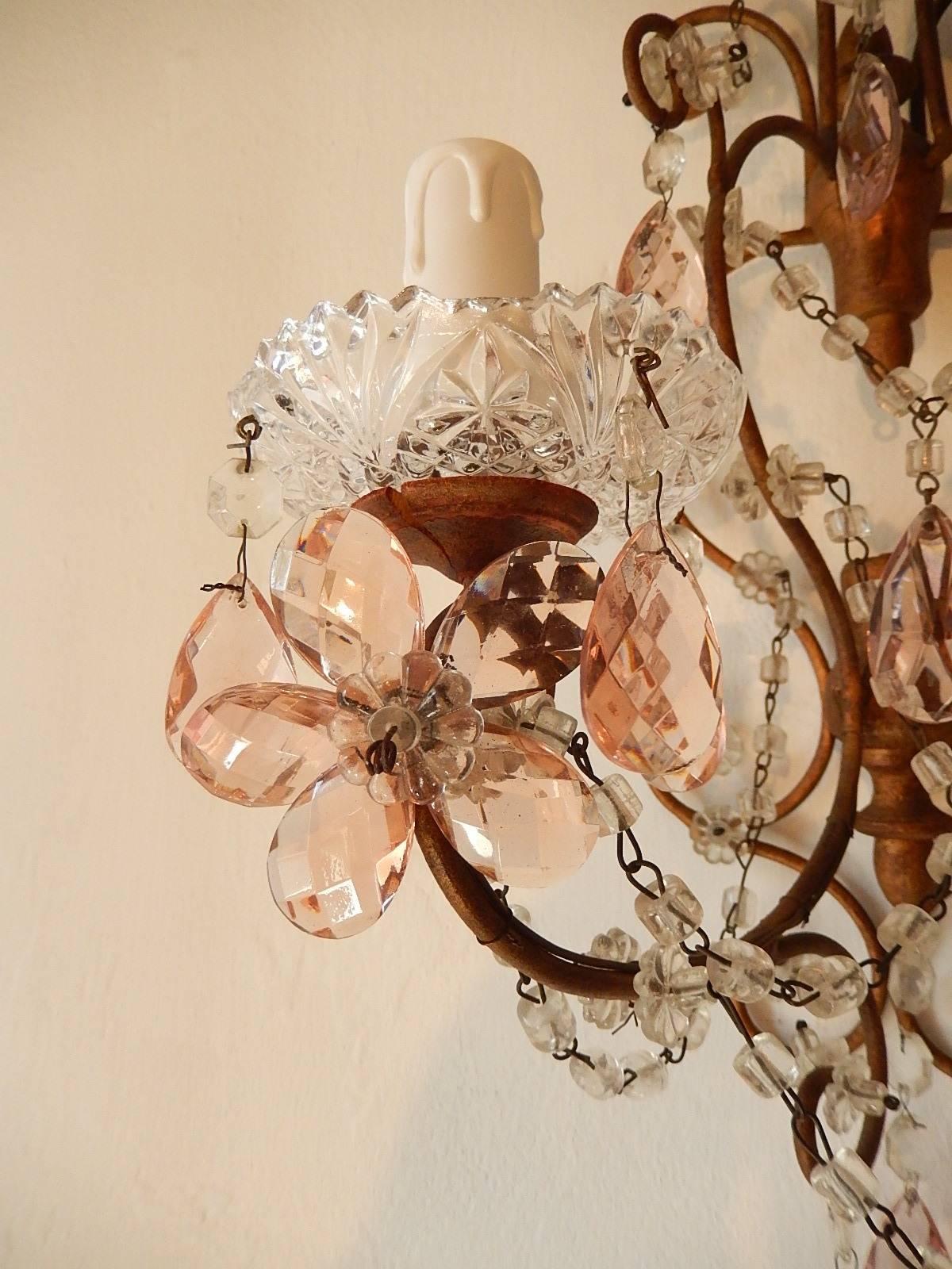 French Maison Baguès Style Pink Floral Crystal Sconces, circa 1920 3