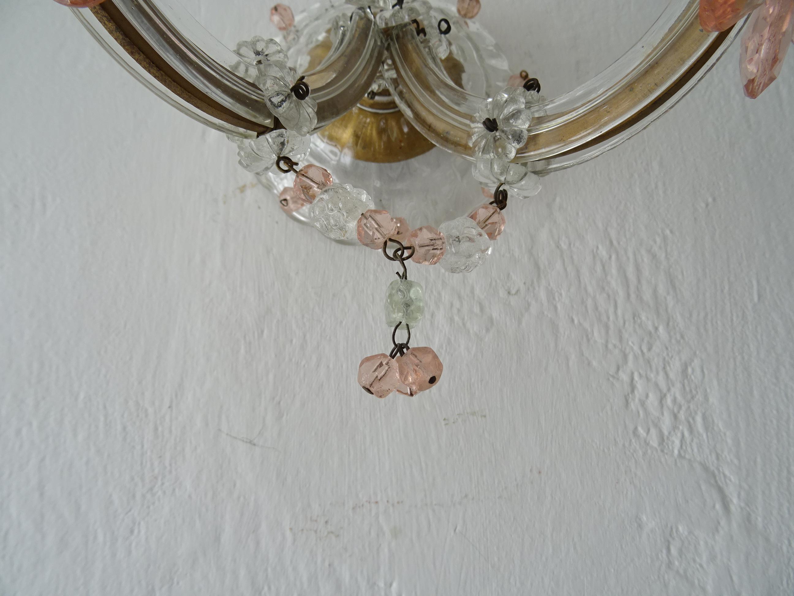 French Maison Baguès Style Pink Floral Crystal Sconces, circa 1920 For Sale 4