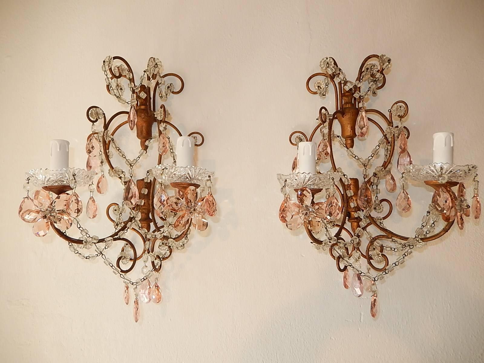 French Maison Baguès Style Pink Floral Crystal Sconces, circa 1920 4