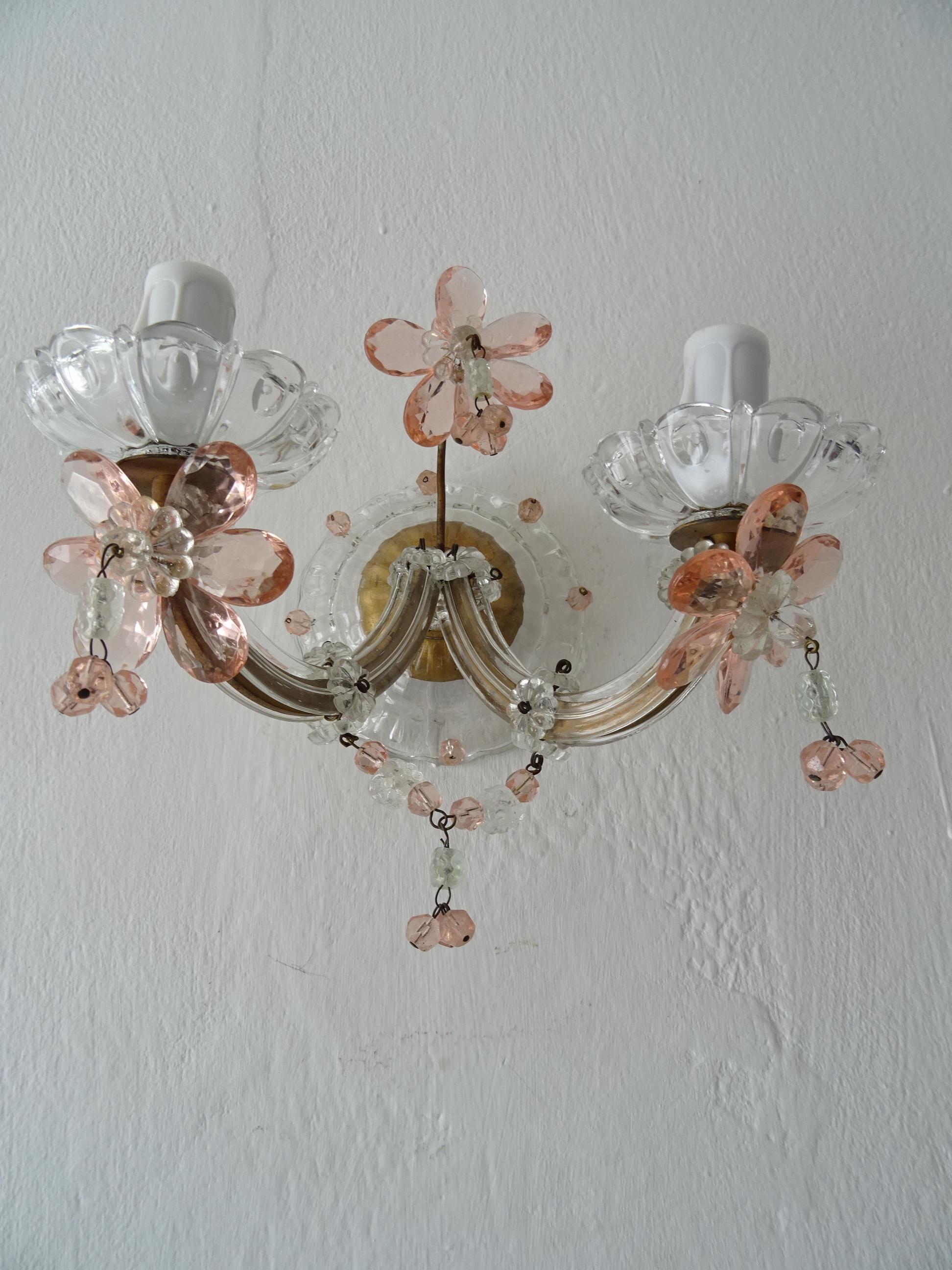 French Maison Baguès Style Pink Floral Crystal Sconces, circa 1920 For Sale 5