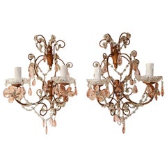 French Maison Baguès Style Pink Floral Crystal Sconces, circa 1920