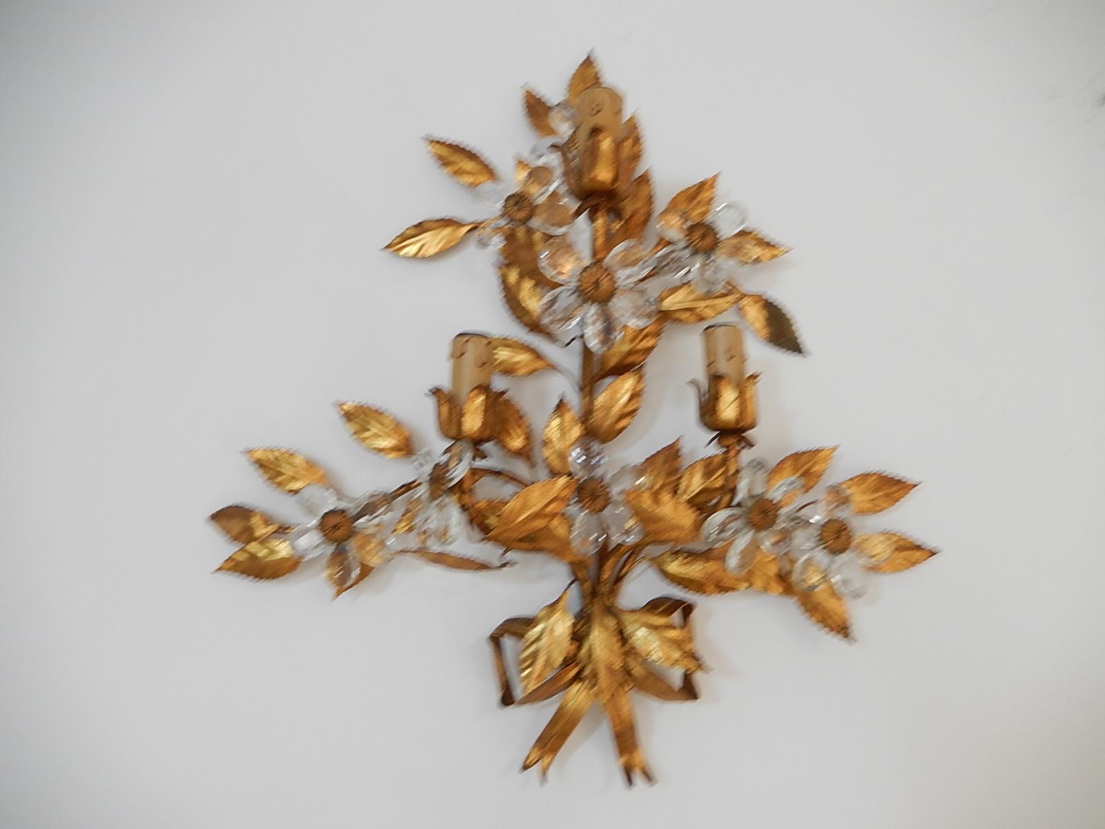 French Maison Baguès Style Set of Five Huge Flower Crystal Sconces & Chandelier 7