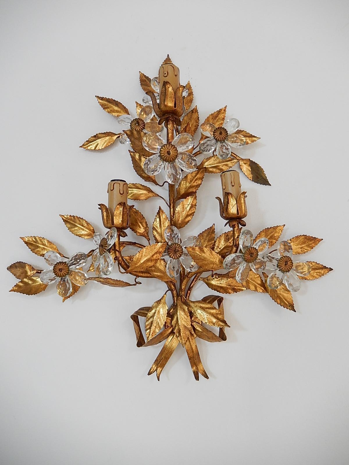 French Maison Baguès Style Set of Five Huge Flower Crystal Sconces & Chandelier 8