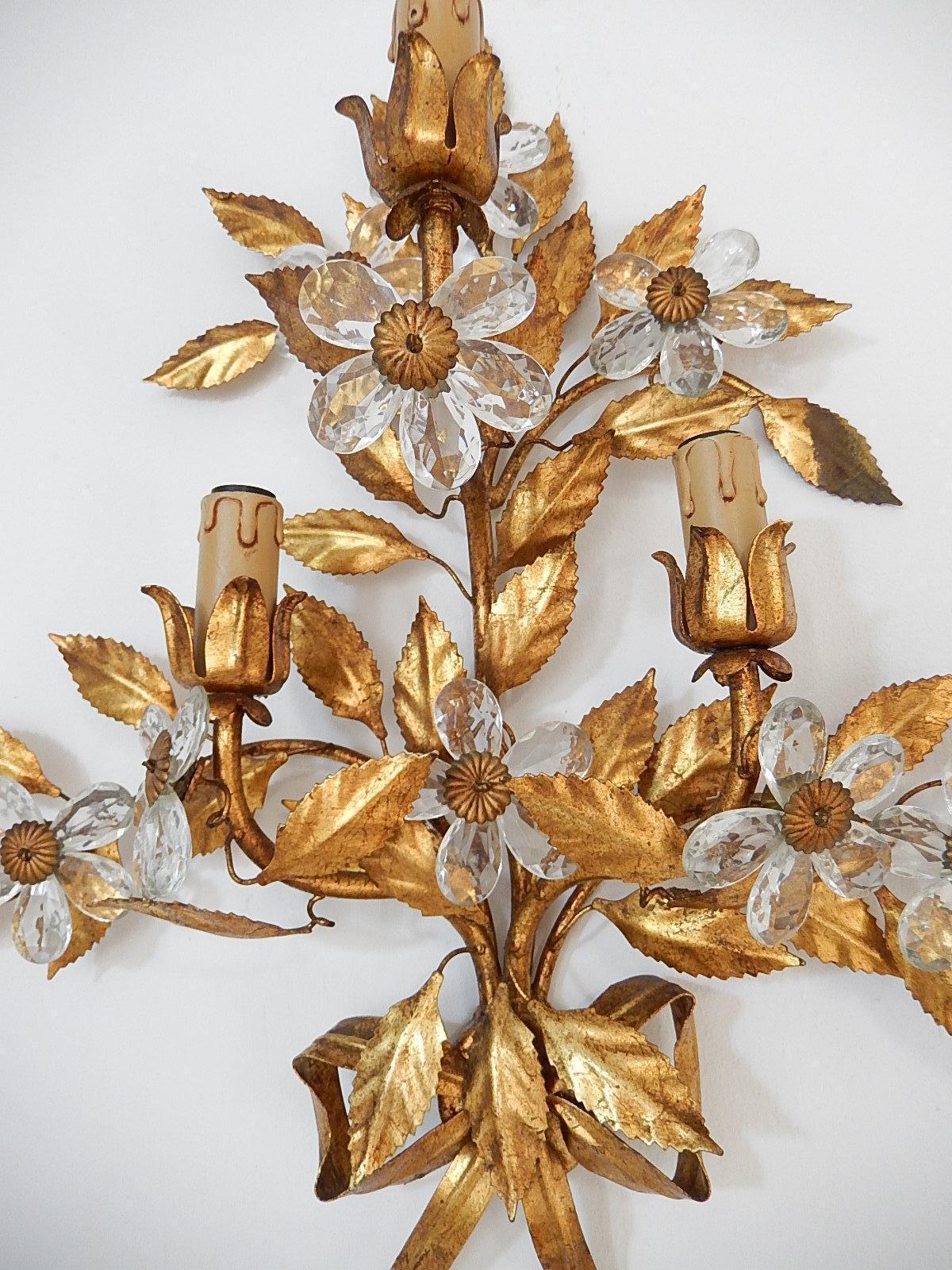 French Maison Baguès Style Set of Five Huge Flower Crystal Sconces & Chandelier 9