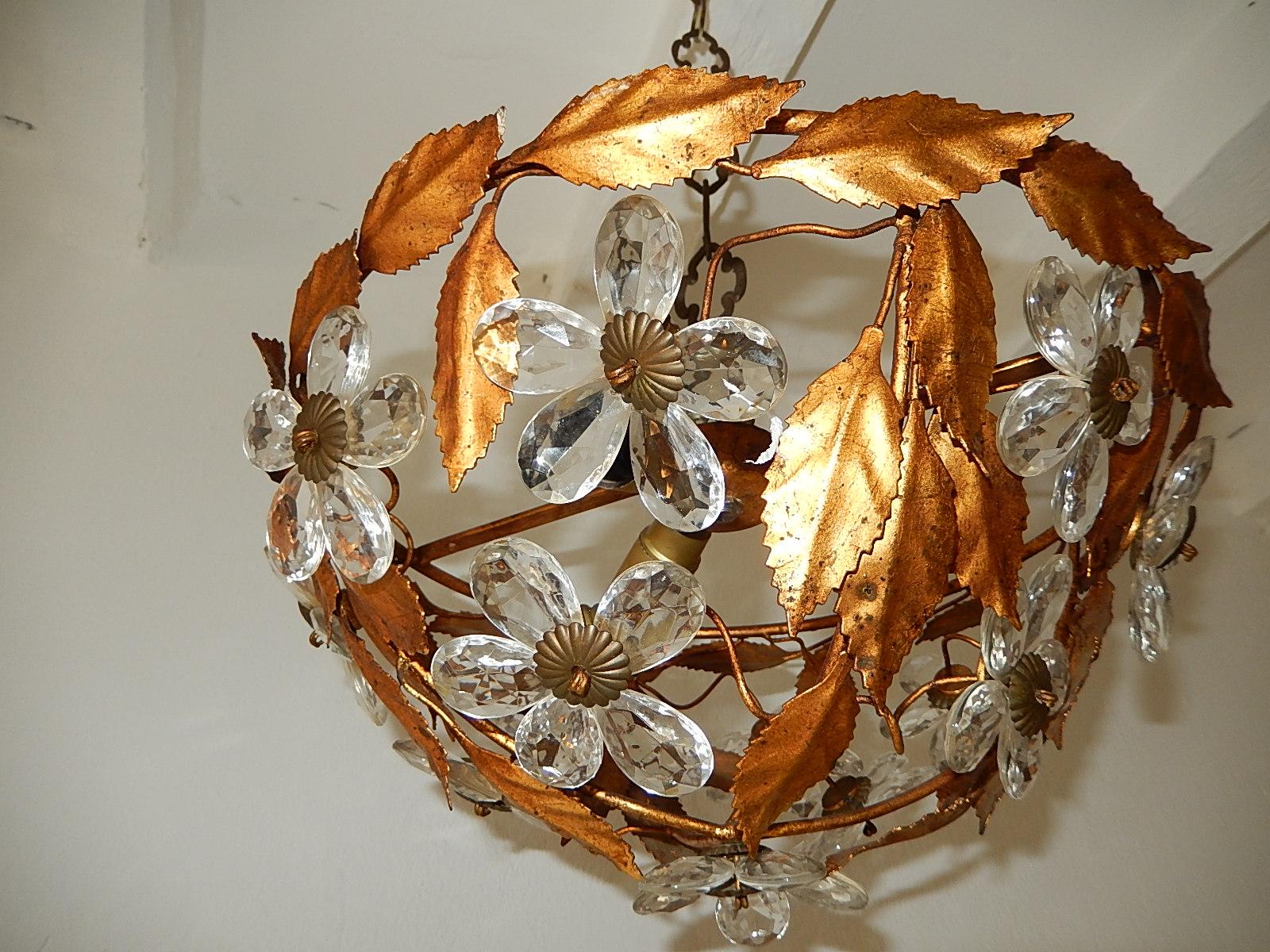Mid-20th Century French Maison Baguès Style Set of Five Huge Flower Crystal Sconces & Chandelier