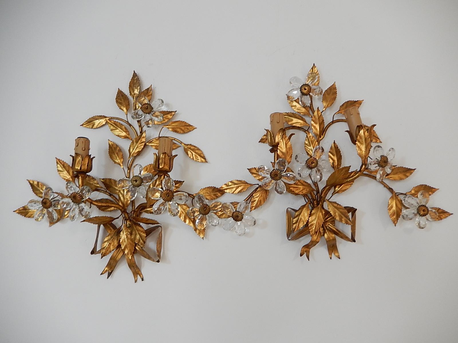 French Maison Baguès Style Set of Five Huge Flower Crystal Sconces & Chandelier 2