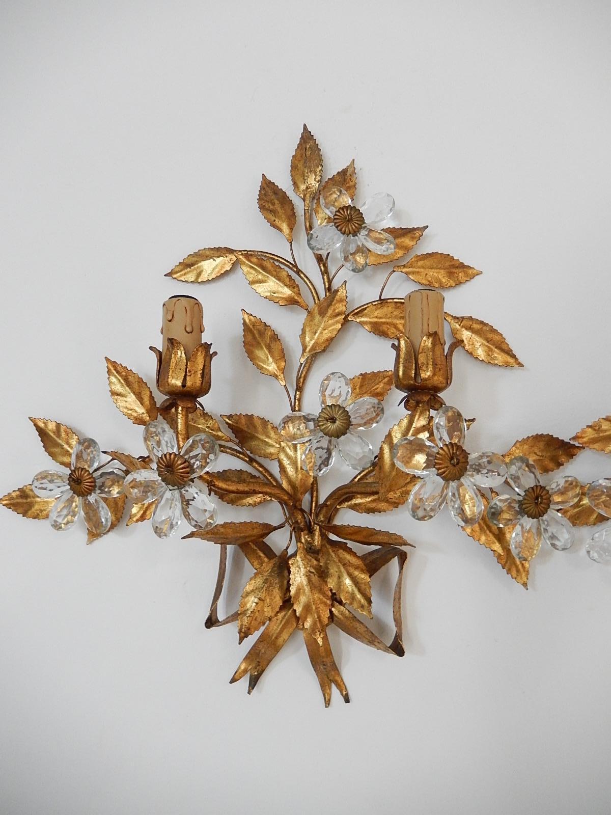 French Maison Baguès Style Set of Five Huge Flower Crystal Sconces & Chandelier 3