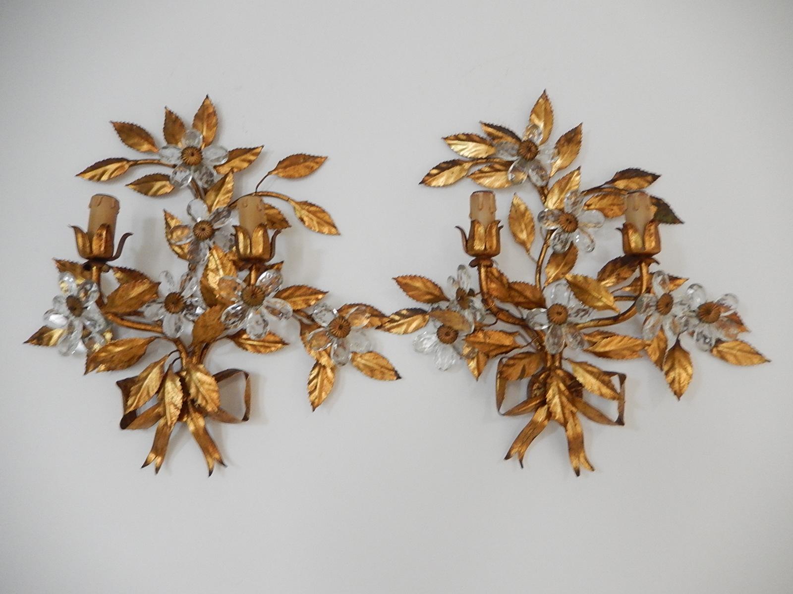 French Maison Baguès Style Set of Five Huge Flower Crystal Sconces & Chandelier 4