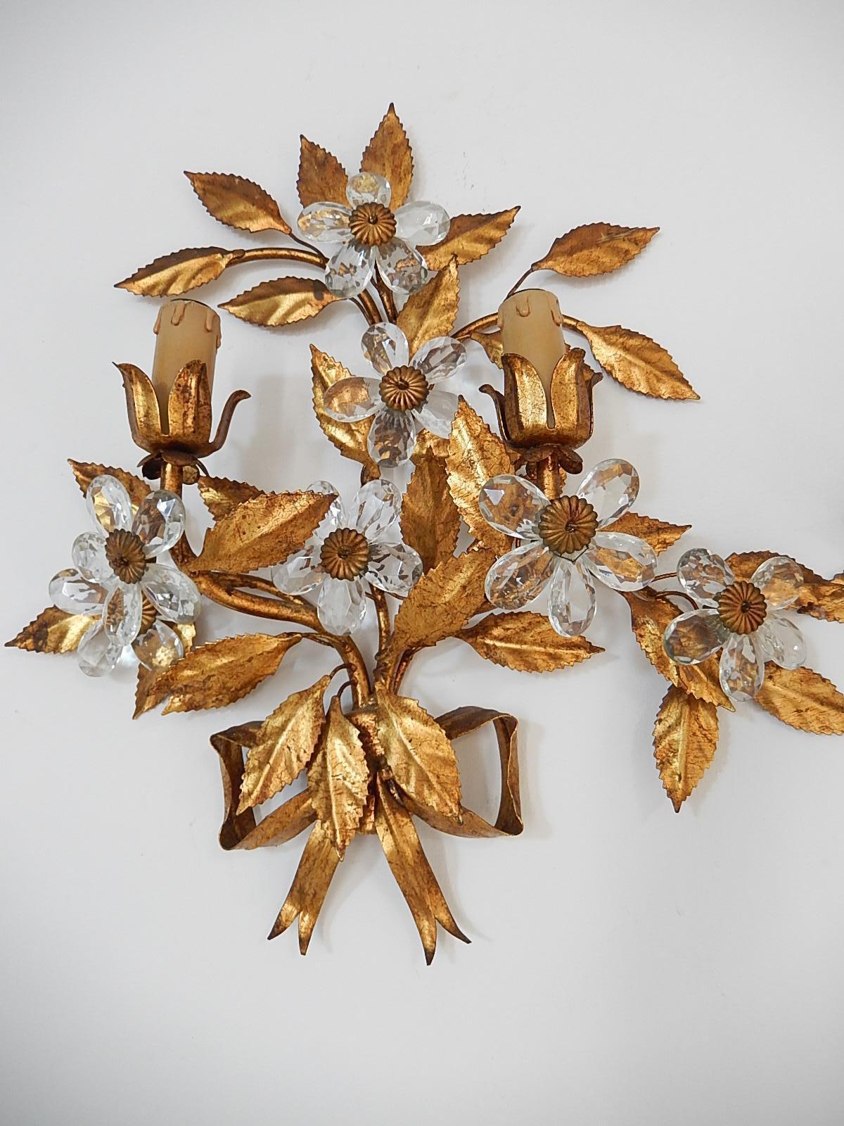 French Maison Baguès Style Set of Five Huge Flower Crystal Sconces & Chandelier 5