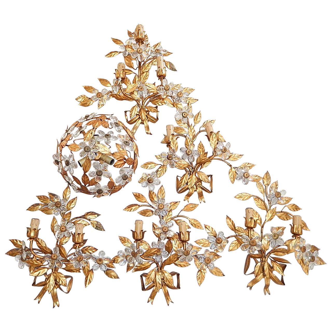 French Maison Baguès Style Set of Five Huge Flower Crystal Sconces & Chandelier