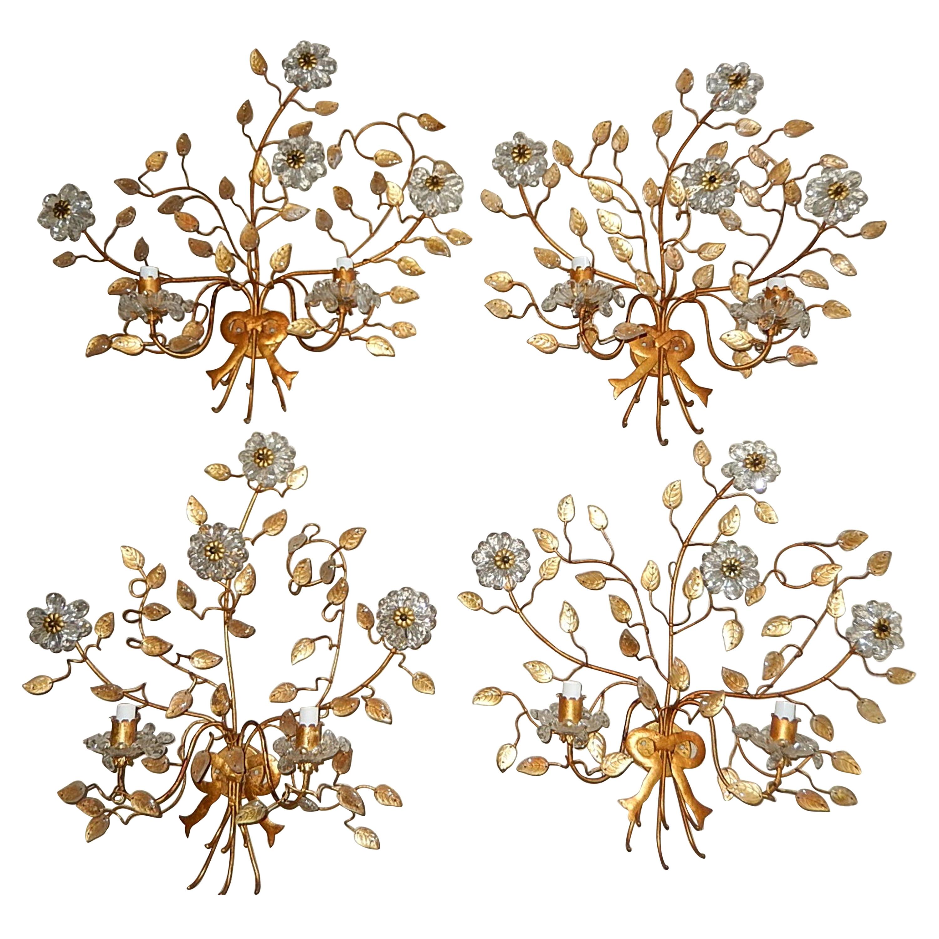 French Maison Baguès Style Set of Four Huge Flower Floral Crystal Sconces