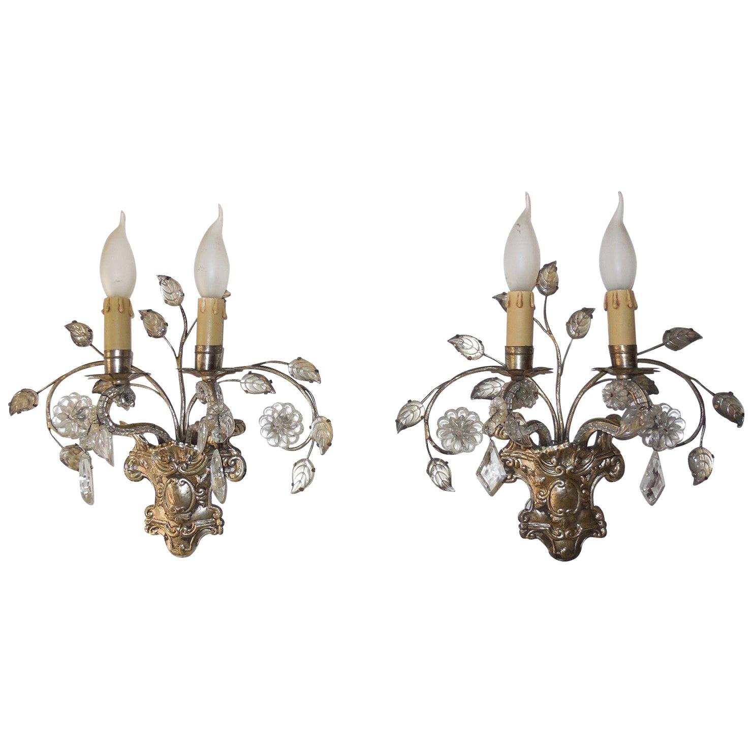 French Maison Baguès Style Silver Floral Beaded Sconces