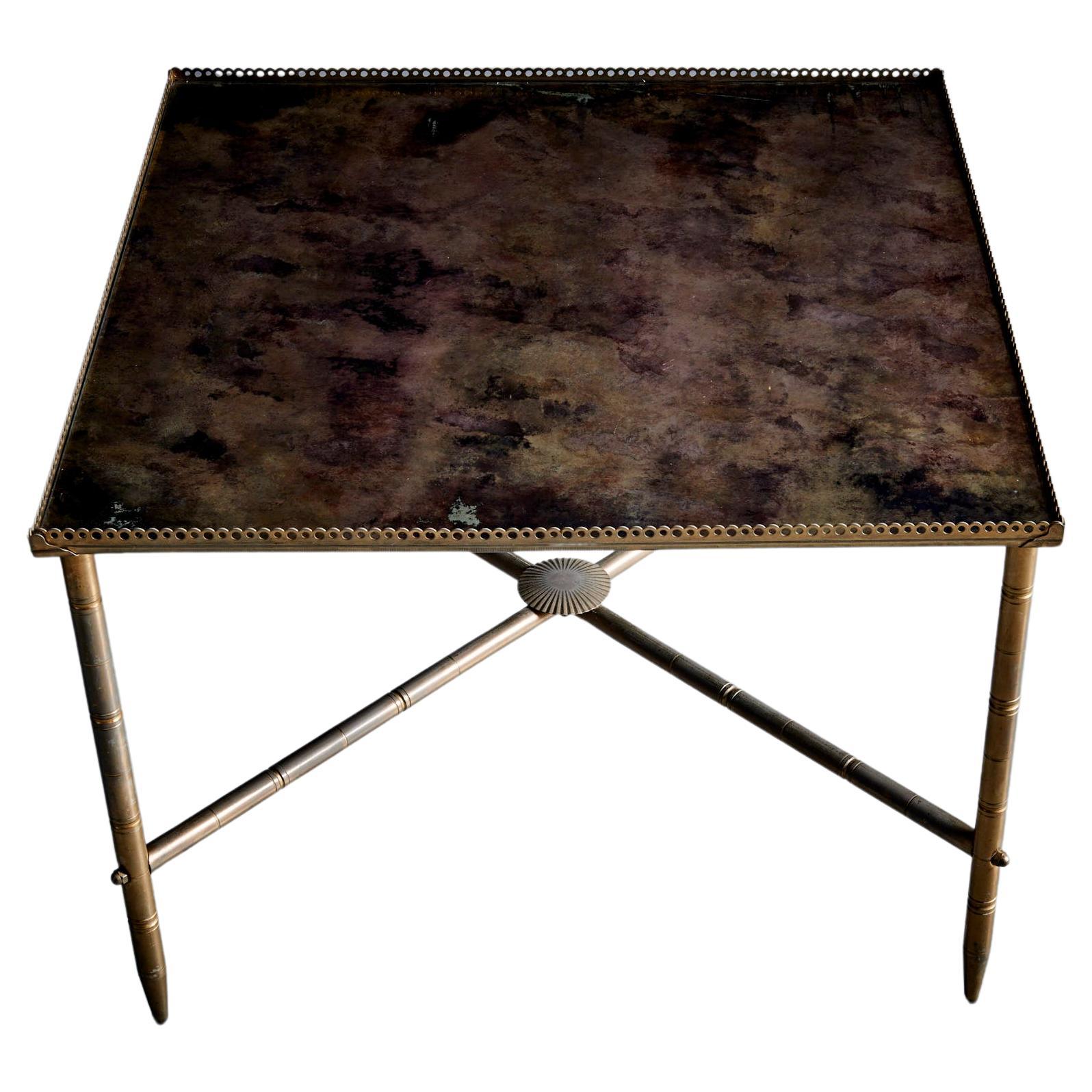 French “Maison” Brass and antiqued mirror side table or small coffee table 1960s For Sale