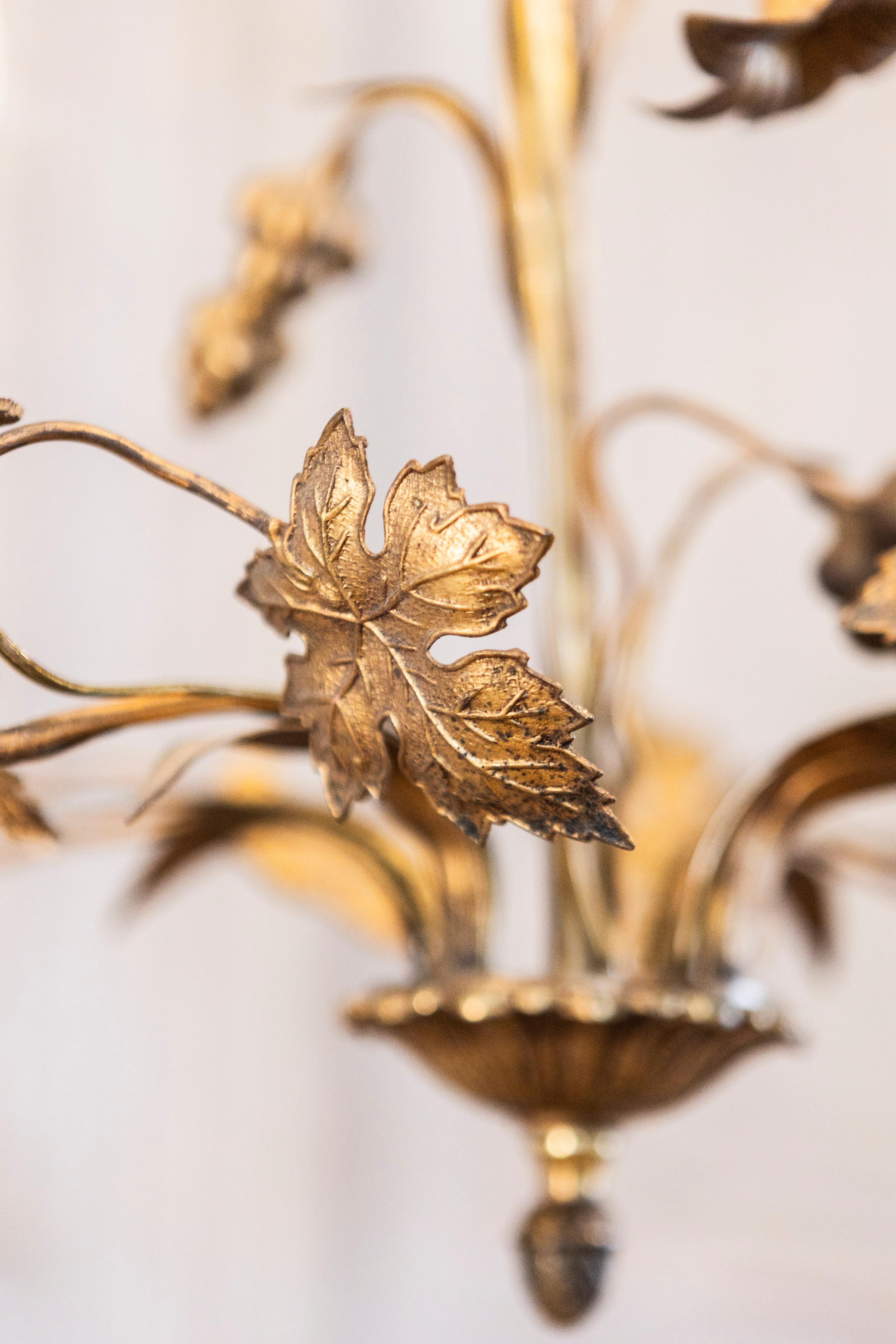 20th Century French Maison Charles Inspired Gilt Metal Four-Light Chandelier with Flowers For Sale