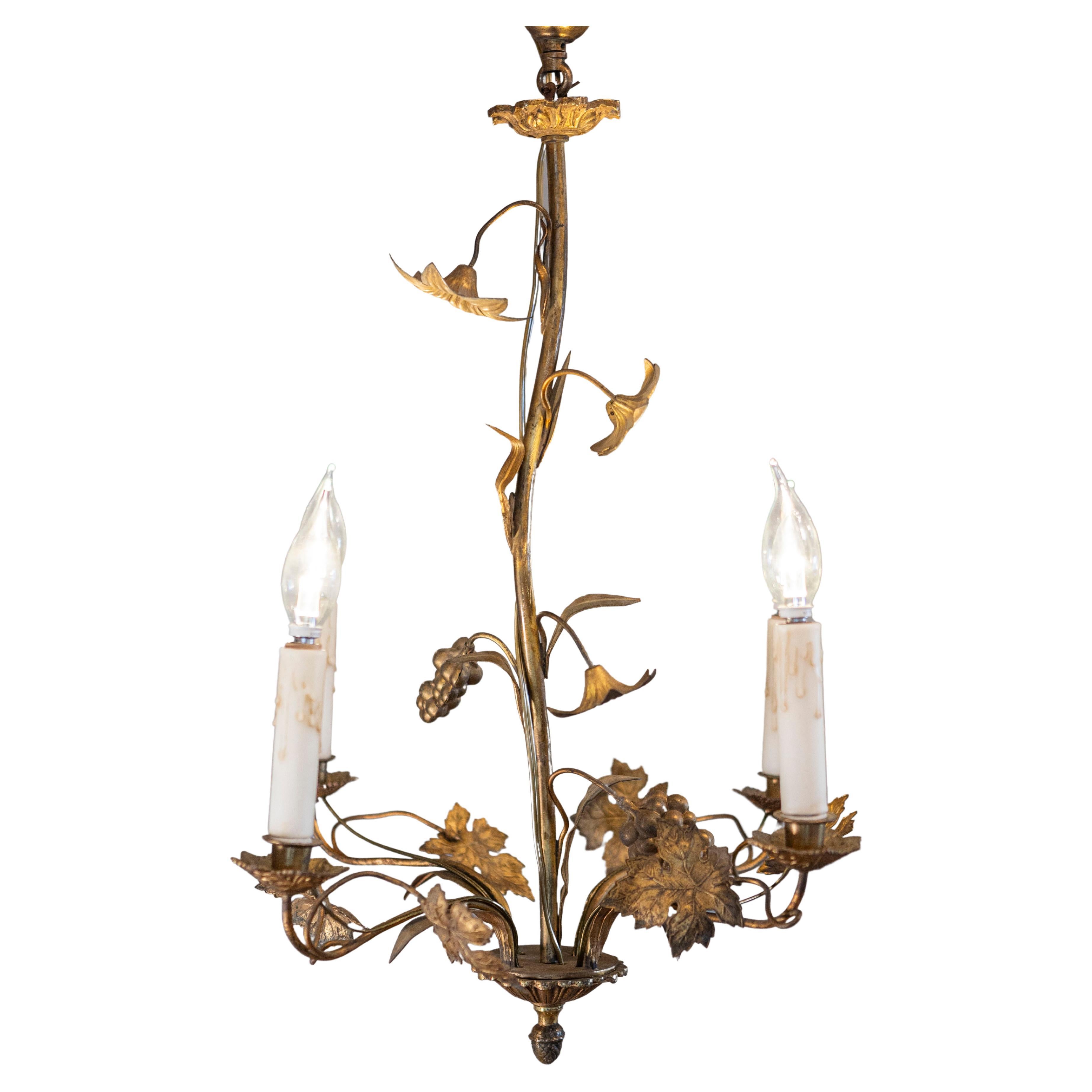 French Maison Charles Inspired Gilt Metal Four-Light Chandelier with Flowers