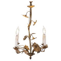 French Maison Charles Inspired Gilt Metal Four-Light Chandelier with Flowers