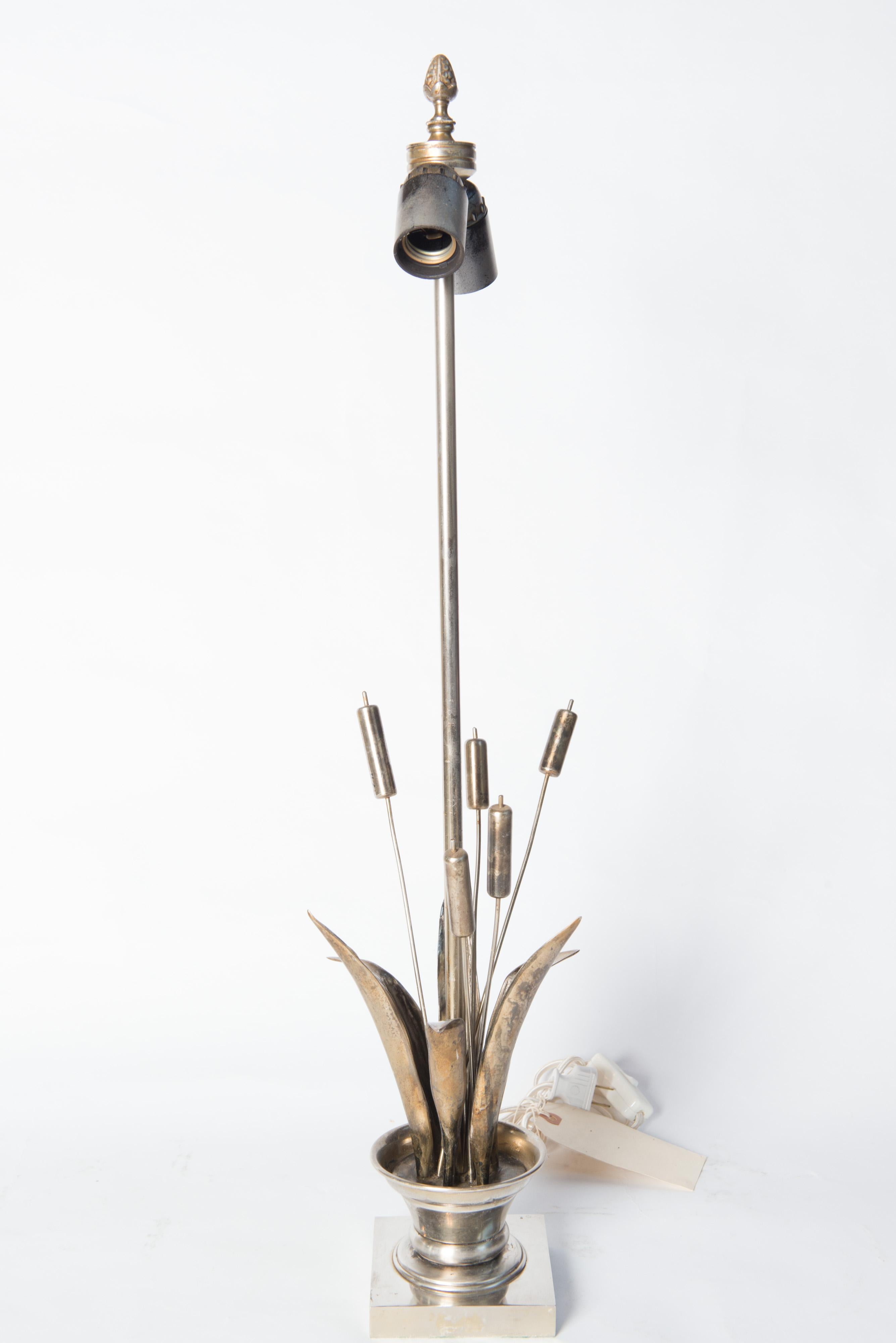 French silver bulrush Maison Charles style table lamp. Two sockets. 4.5 inch square base. Rewired.