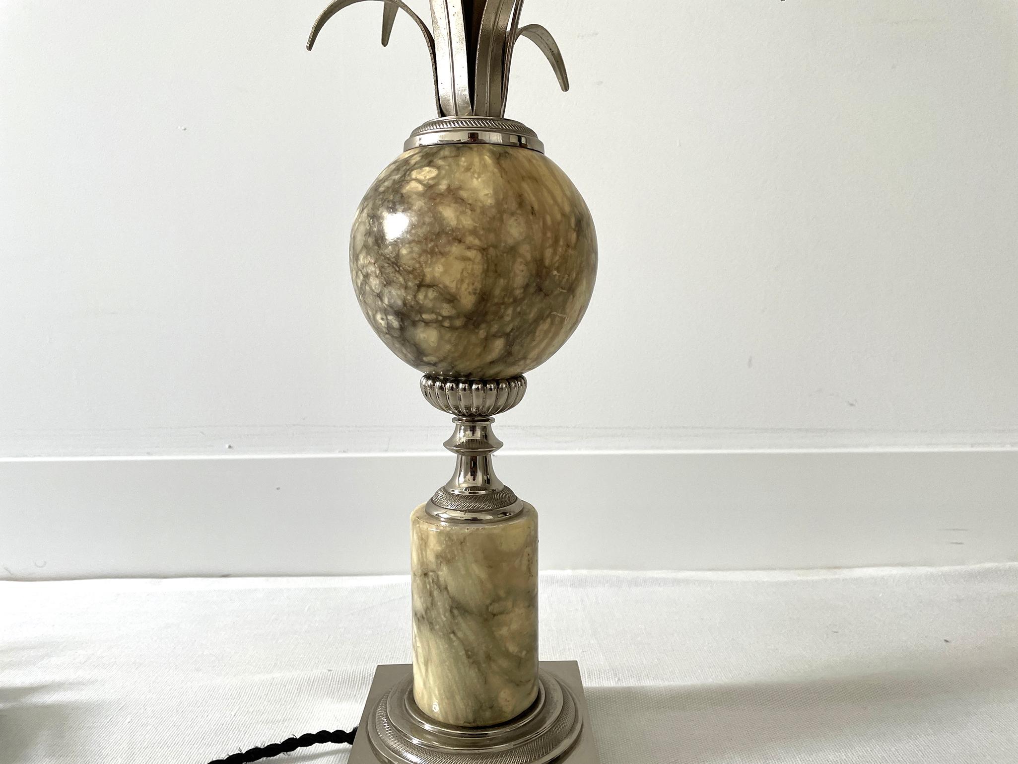 Metal French Maison Charles Style Chromed and Stone Table Lamp For Sale