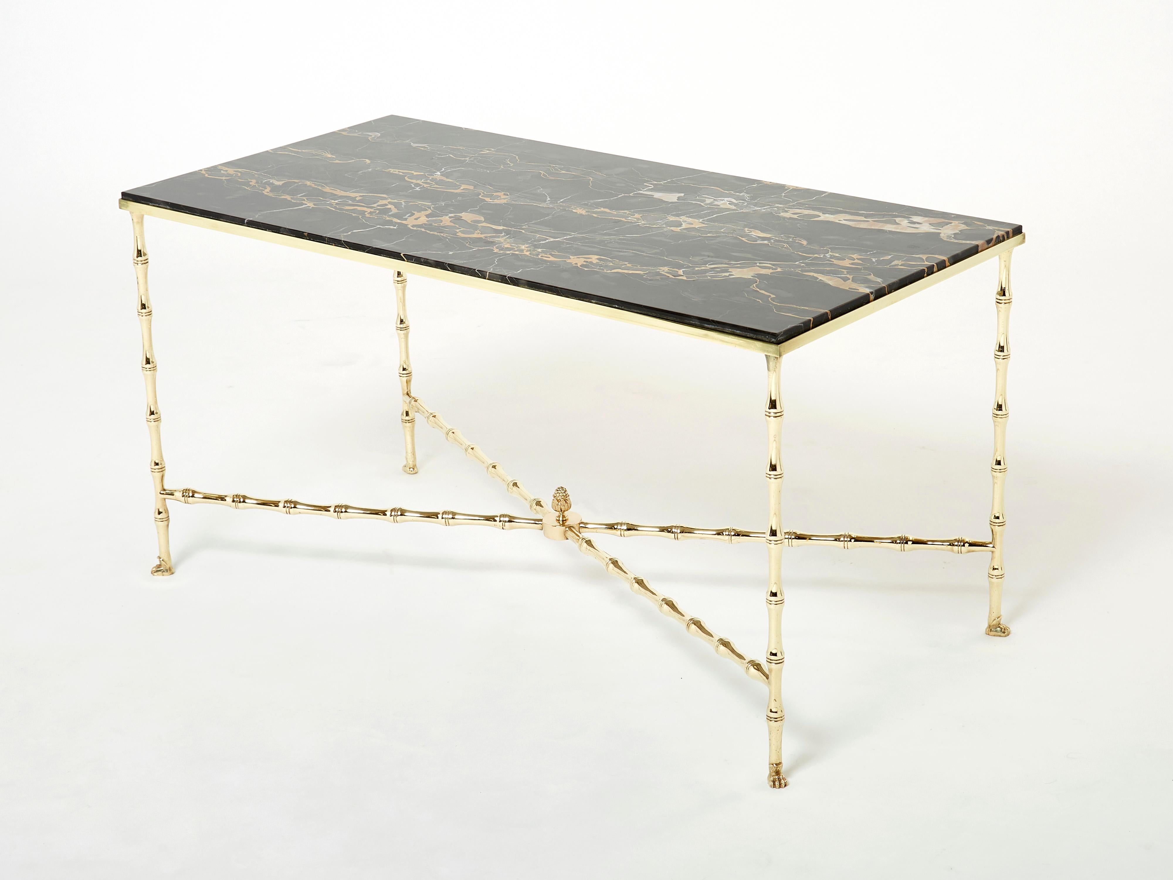 Mid-Century Modern French Maison Jansen bamboo brass portor marble coffee table 1960s For Sale