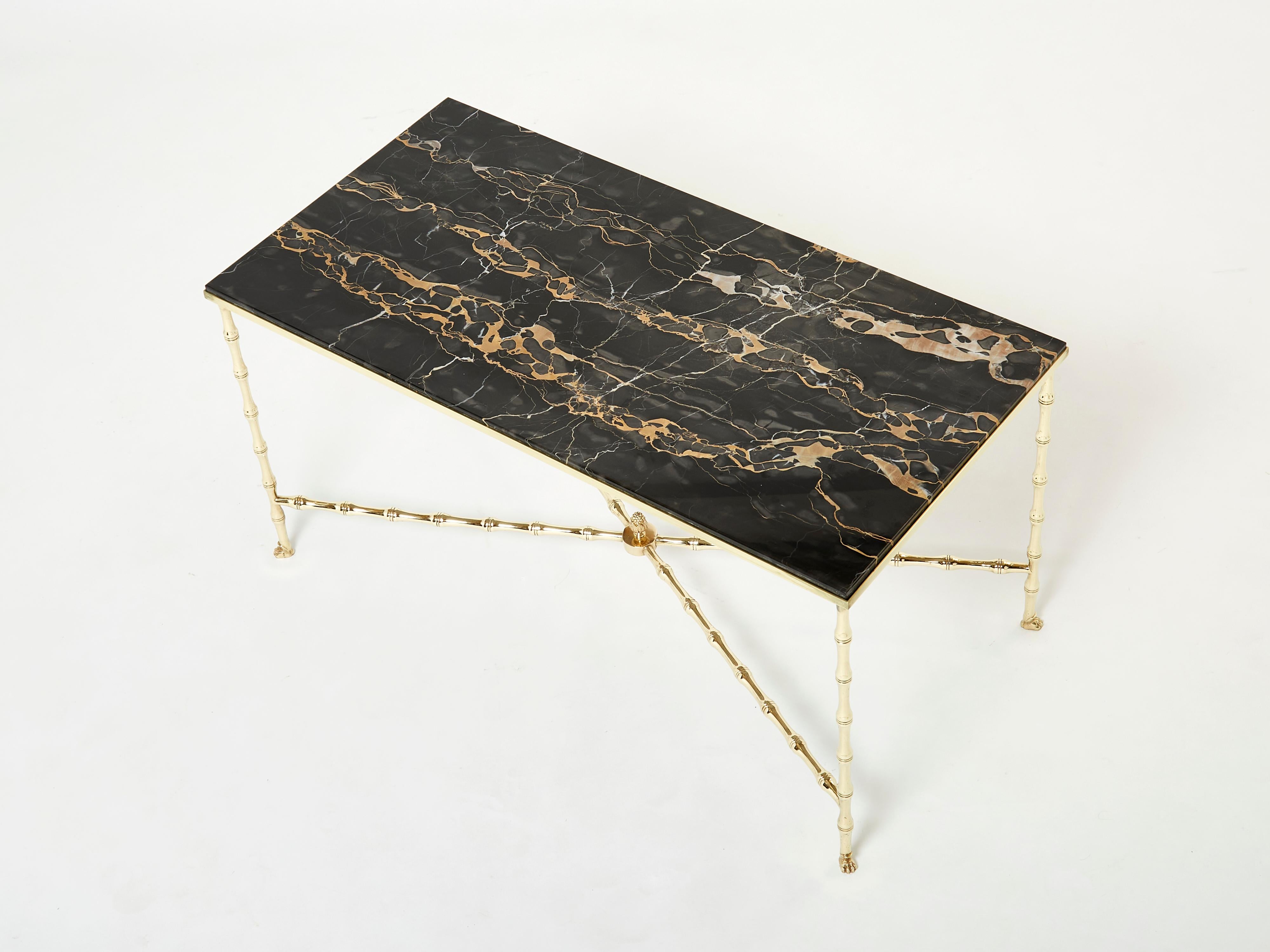 Mid-20th Century French Maison Jansen bamboo brass portor marble coffee table 1960s For Sale