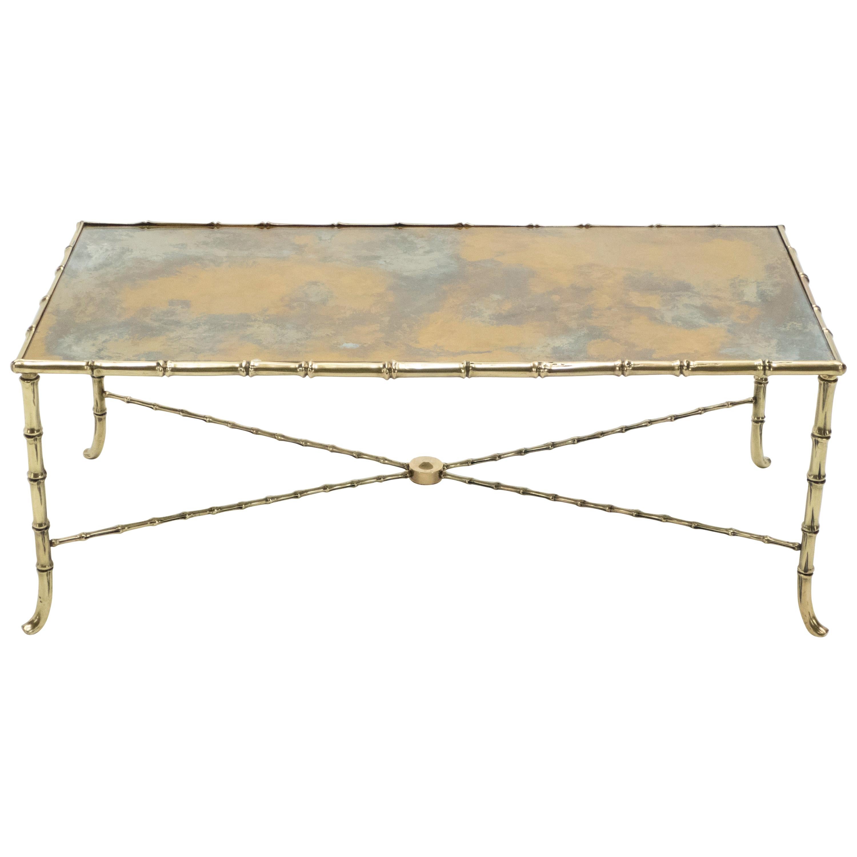 French Maison Jansen Brass Bamboo Mirrored Coffee Table, 1960s