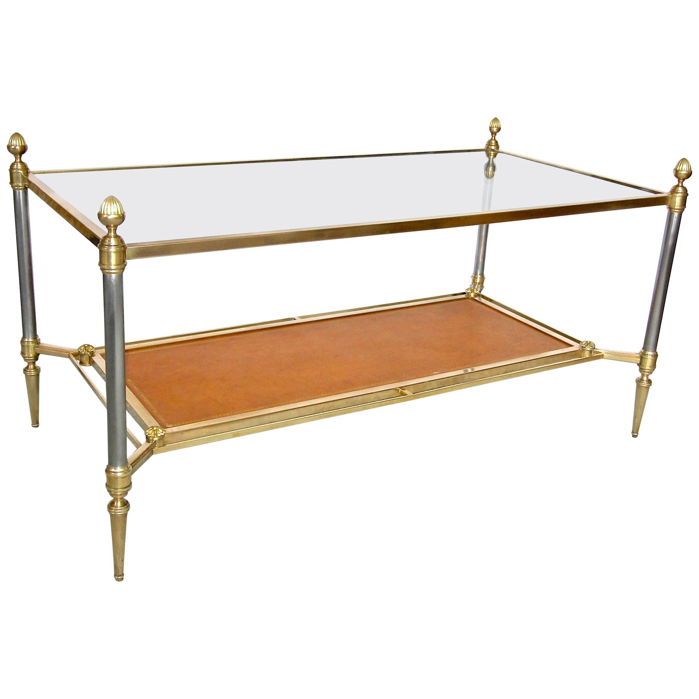 French Maison Jansen Bronze and Brused Steel Leather Coffee Table