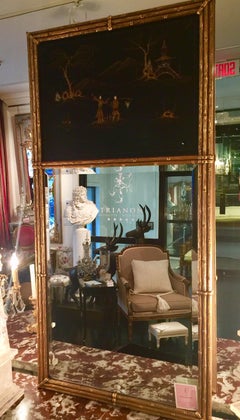 French Maison Jansen Chinoiserie Trumeau Mirror, Gilt Bamboo Border