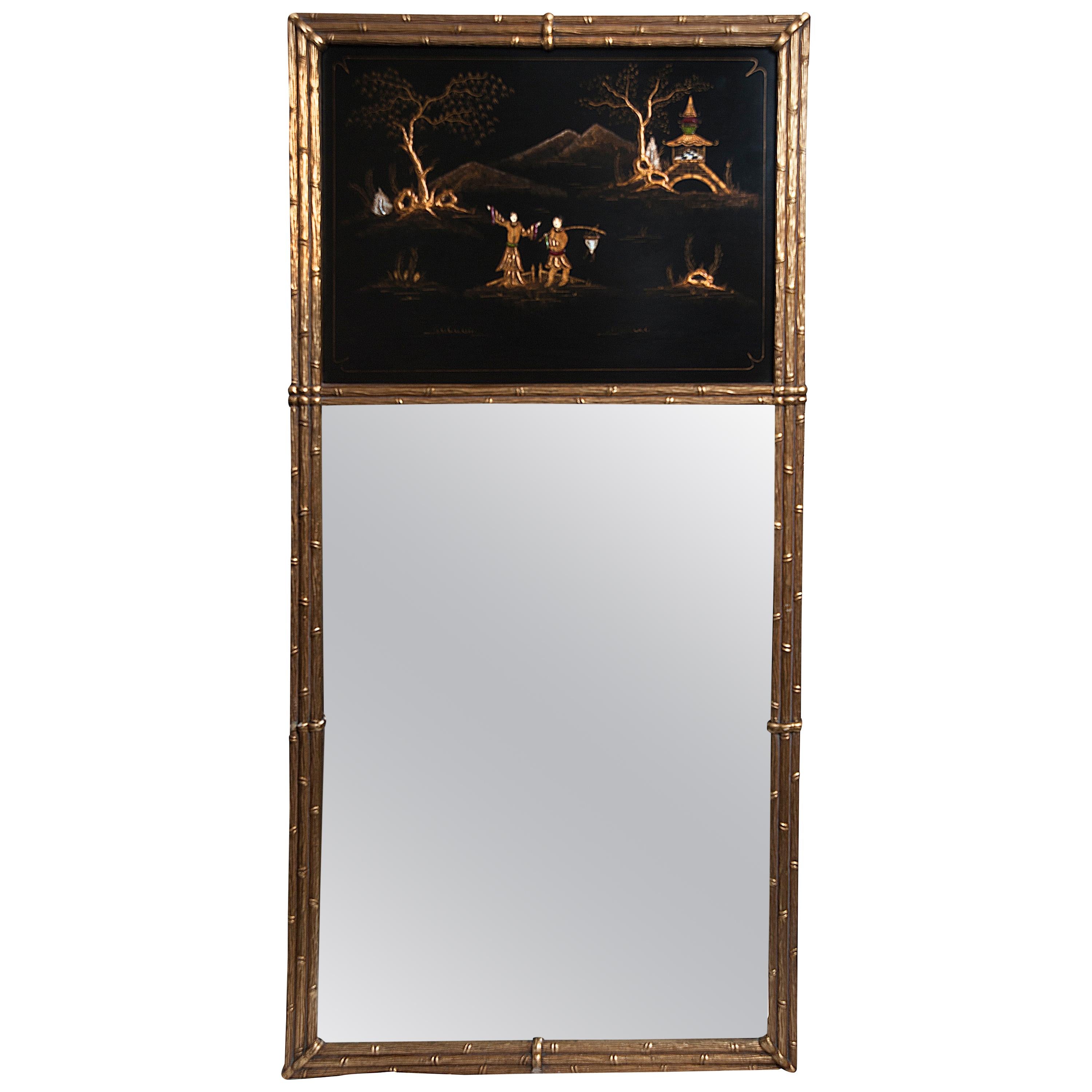French Maison Jansen Chinoiserie Trumeau Mirror, Gilt Bamboo Border