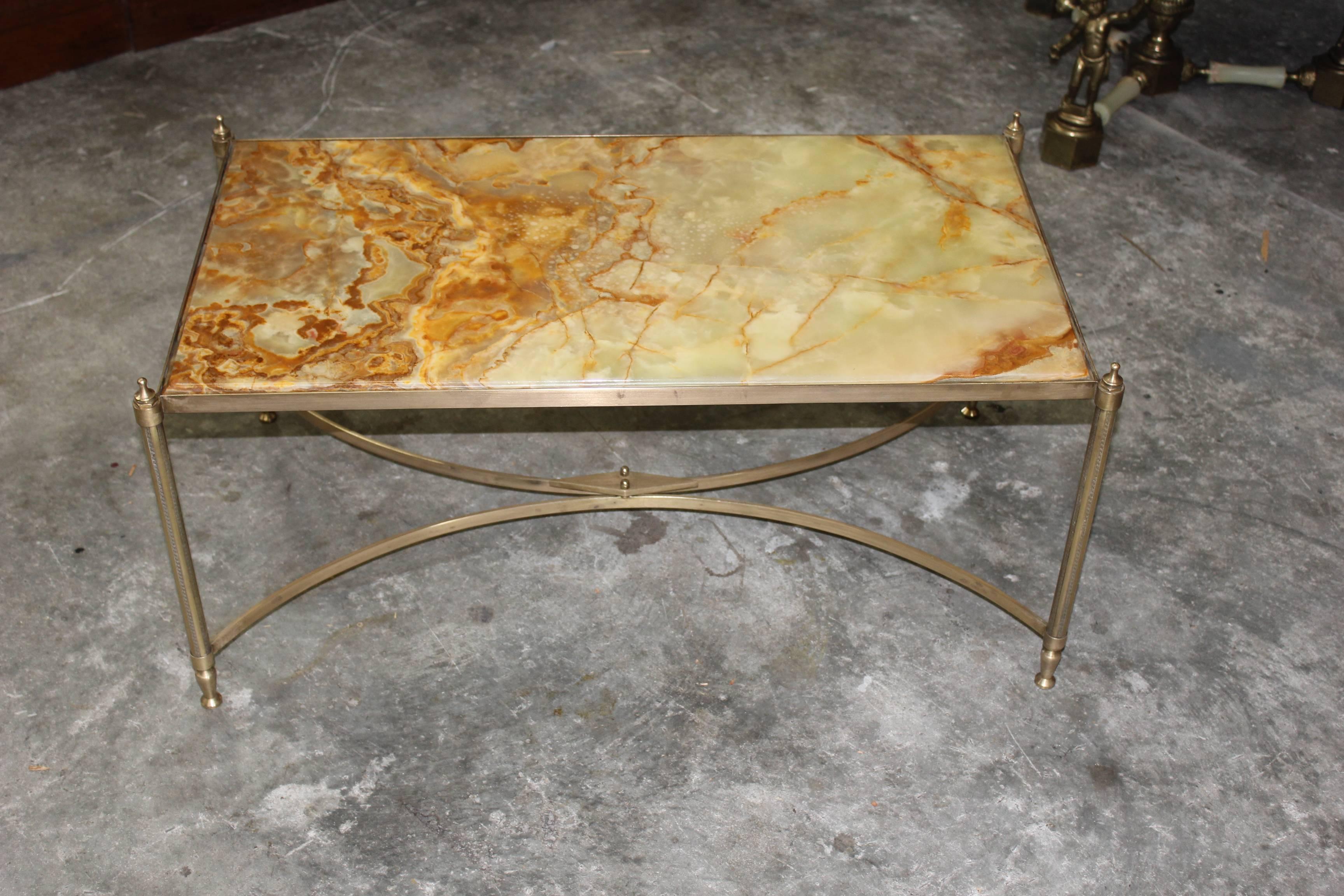 French Maison Jansen Coffee or Cocktail Table Bronze Rectangular with Onyx Top In Excellent Condition In Hialeah, FL