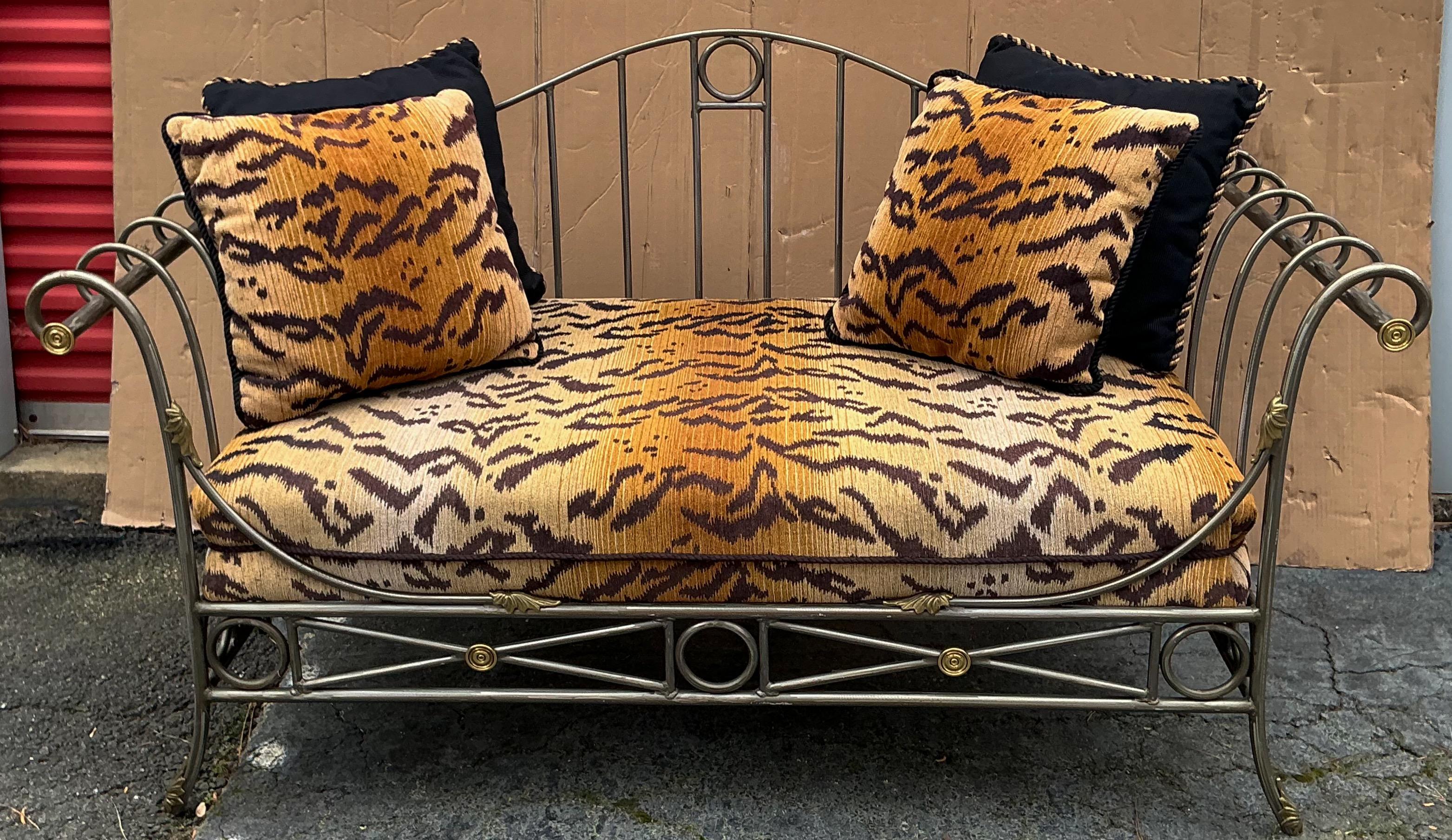 French Maison Jansen Neo-Classical Style Steel Brass Tiger Velvet Daybed Settee For Sale 6