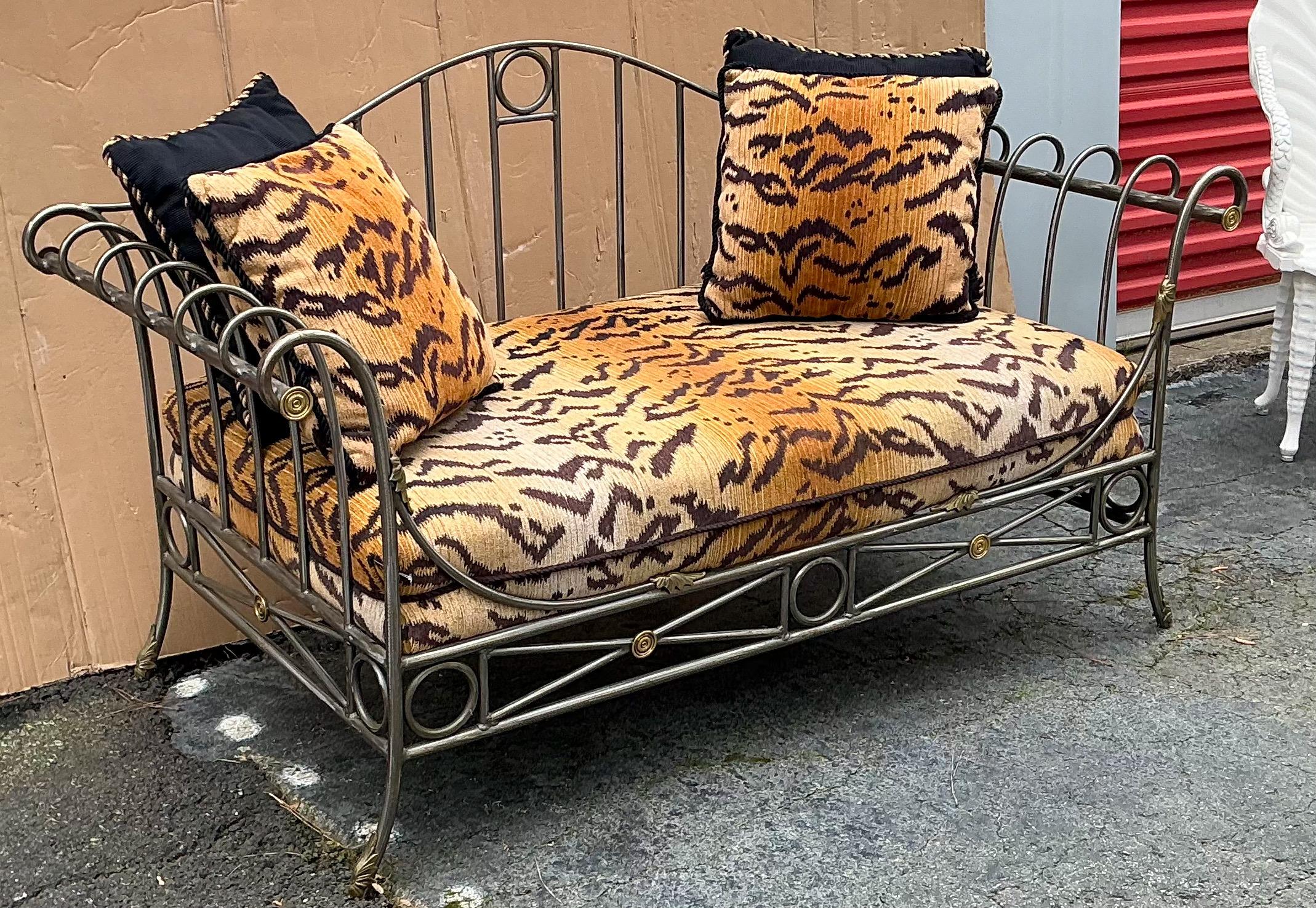 French Maison Jansen Neo-Classical Style Steel Brass Tiger Velvet Daybed Settee For Sale 7