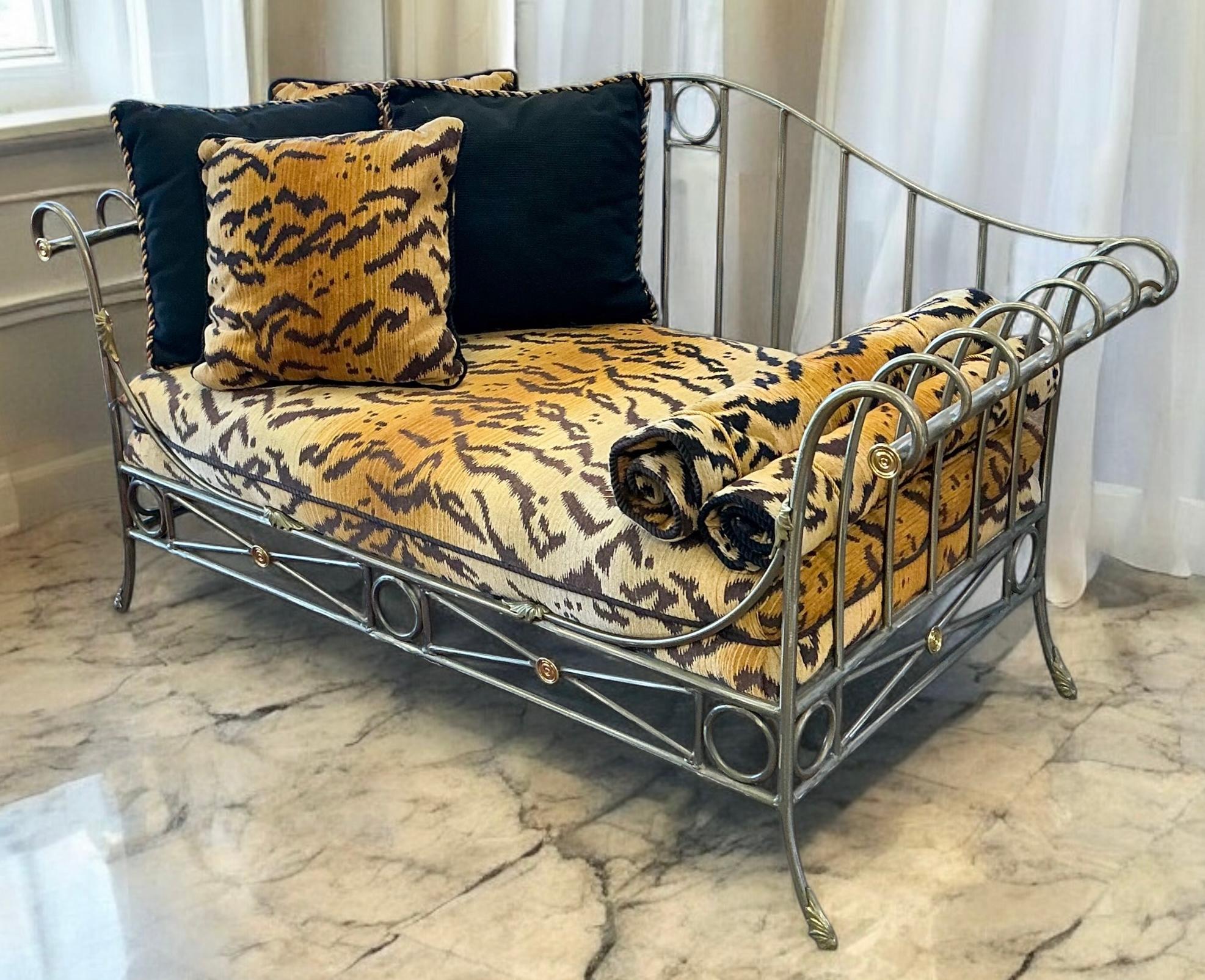 Italian French Maison Jansen Neo-Classical Style Steel Brass Tiger Velvet Daybed Settee For Sale