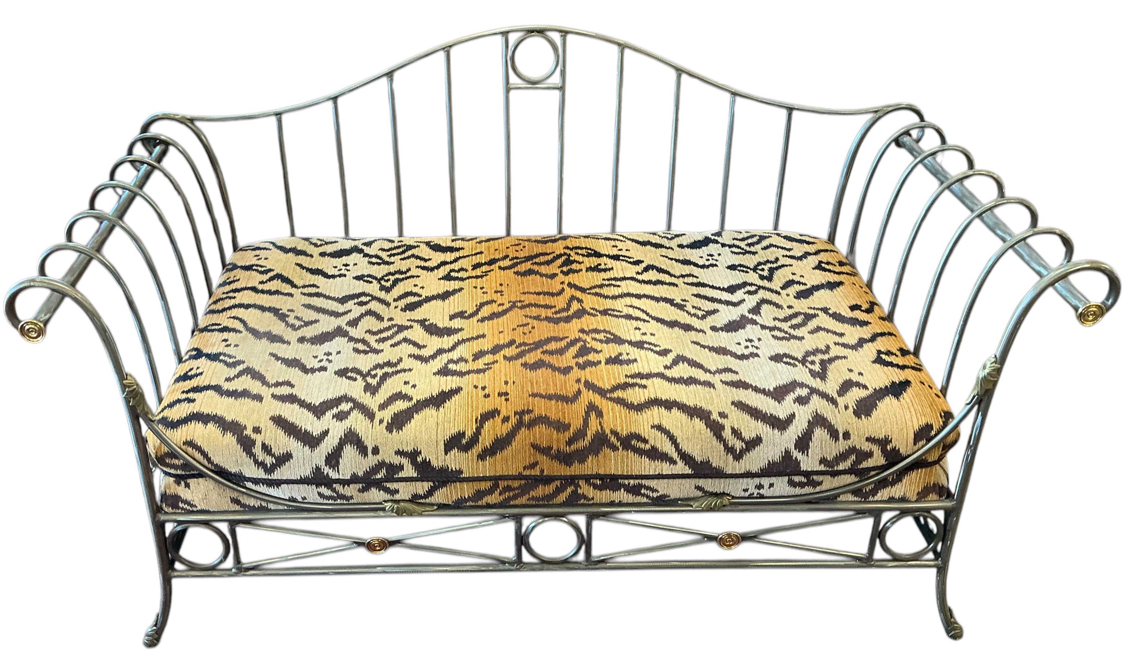 French Maison Jansen Neo-Classical Style Steel Brass Tiger Velvet Daybed Settee In Good Condition For Sale In Kennesaw, GA