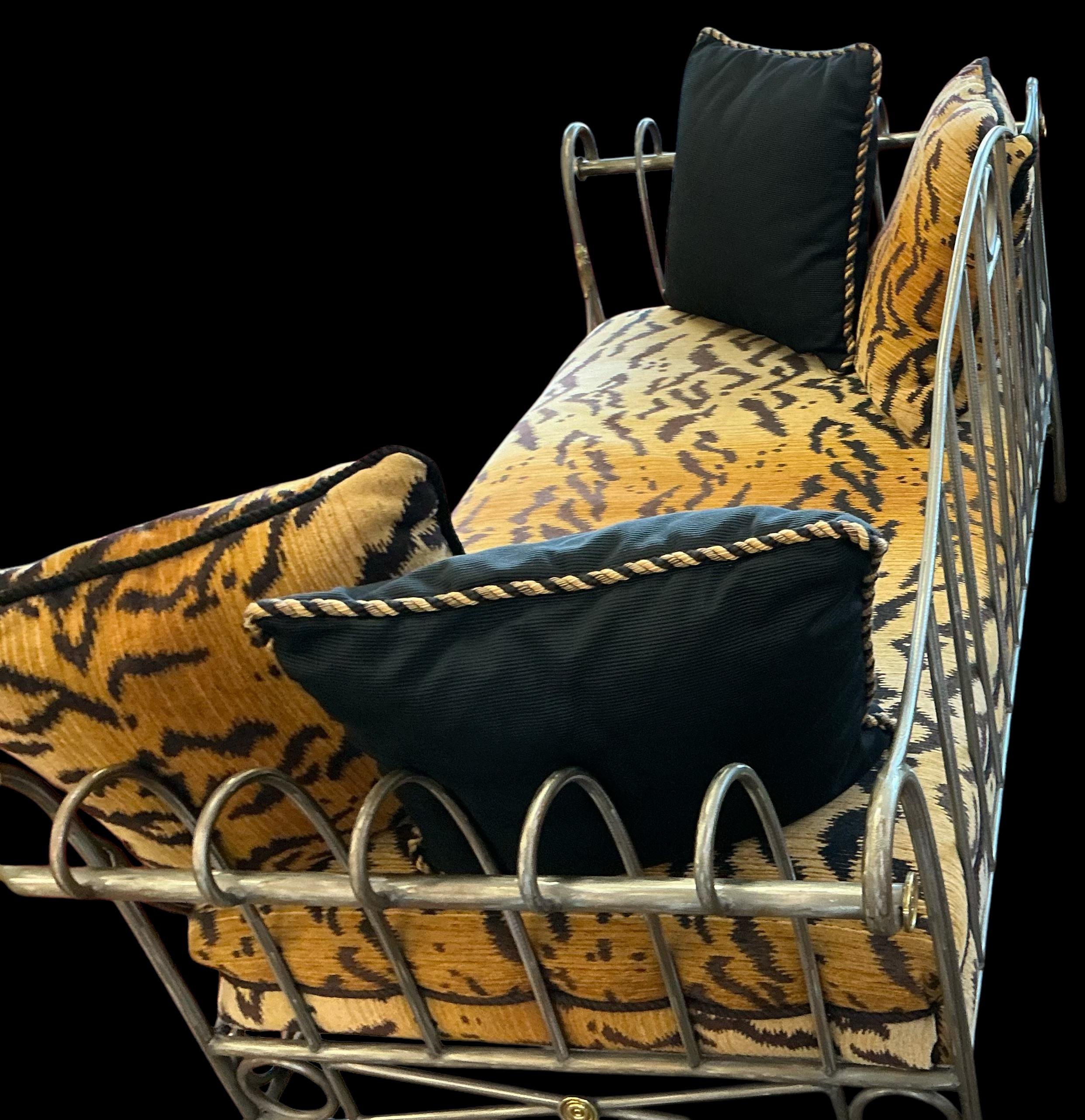 French Maison Jansen Neo-Classical Style Steel Brass Tiger Velvet Daybed Settee For Sale 3