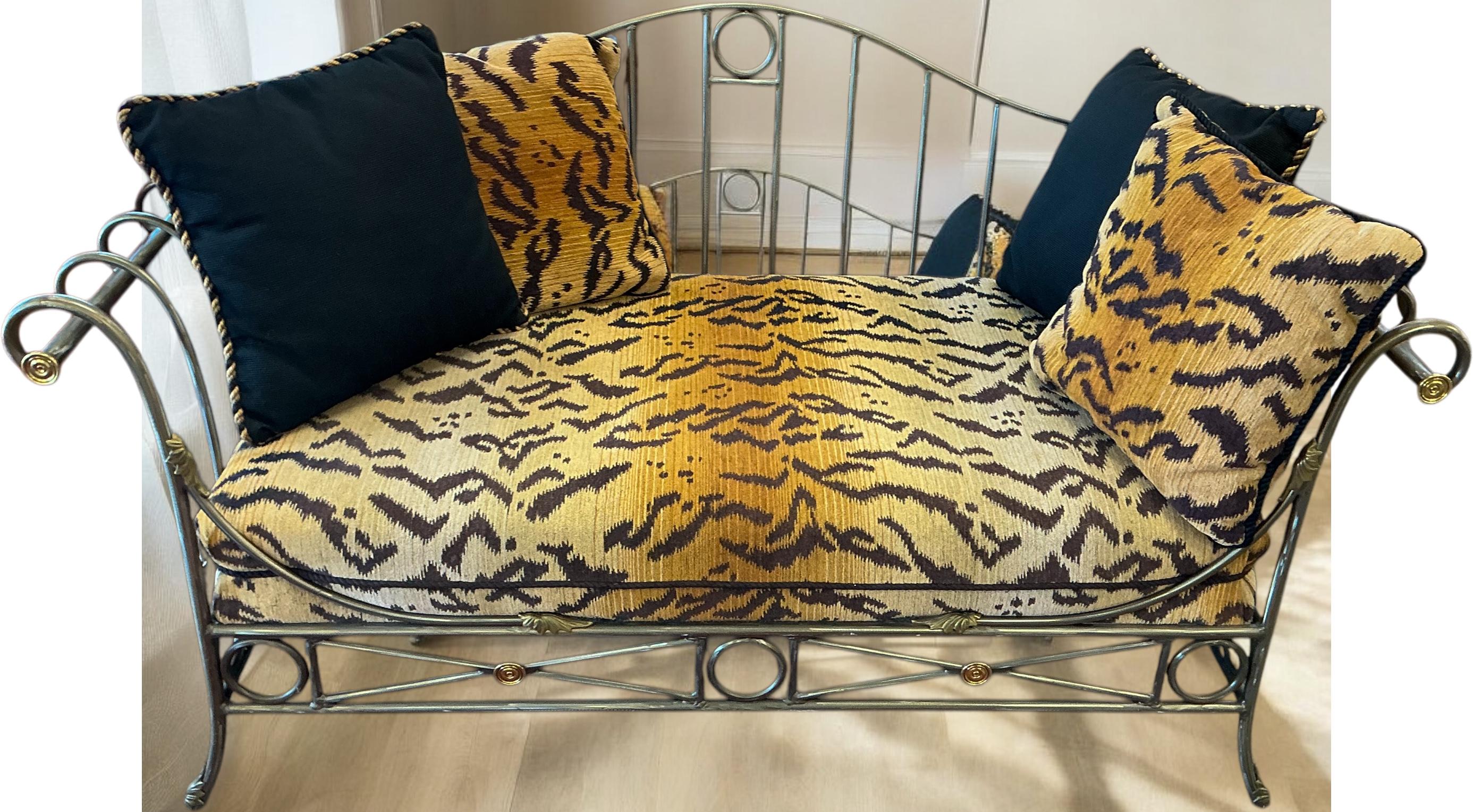 French Maison Jansen Neo-Classical Style Steel Brass Tiger Velvet Daybed Settee For Sale 4