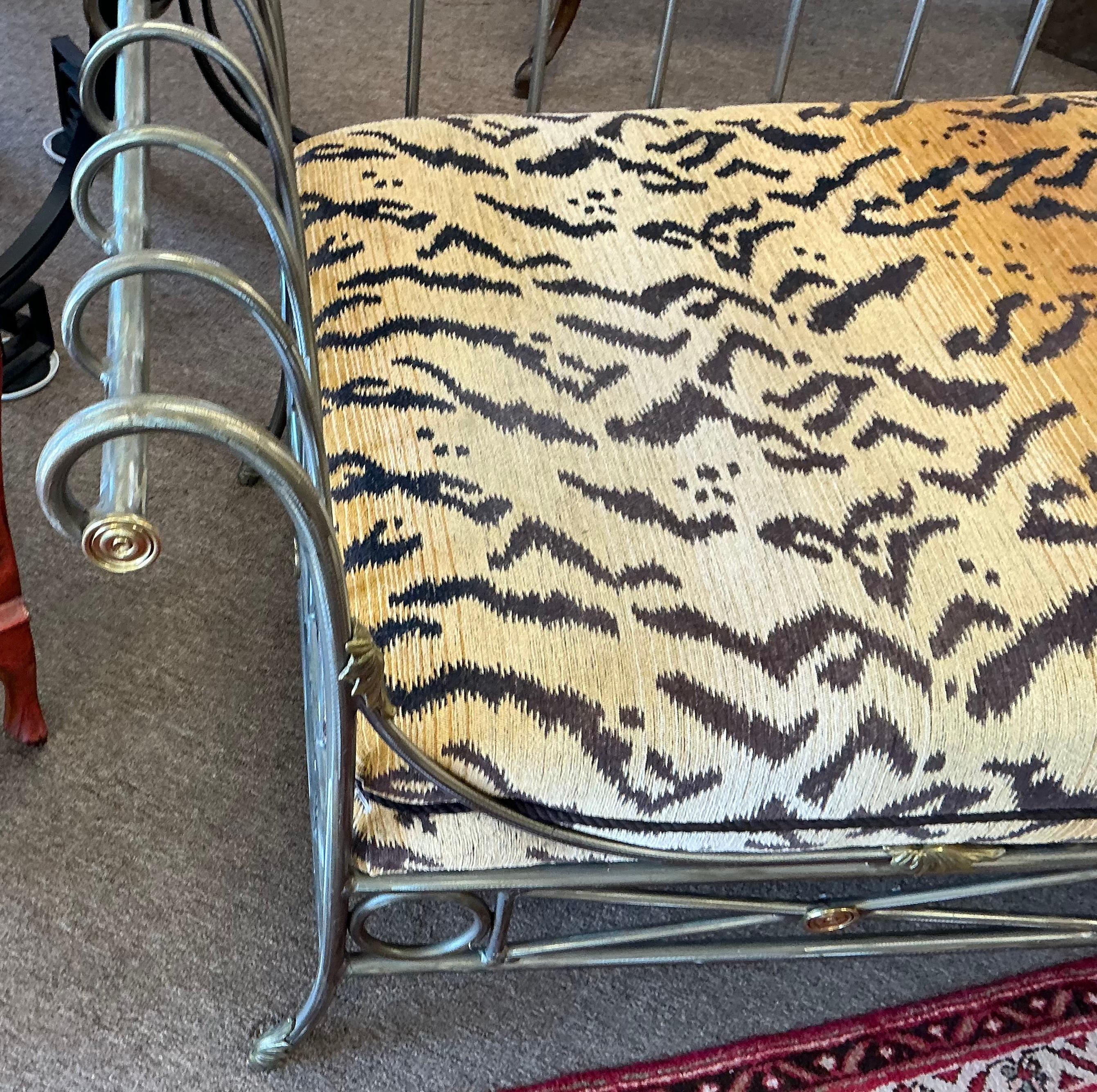 French Maison Jansen Neo-Classical Style Steel Brass Tiger Velvet Daybed Settee For Sale 5