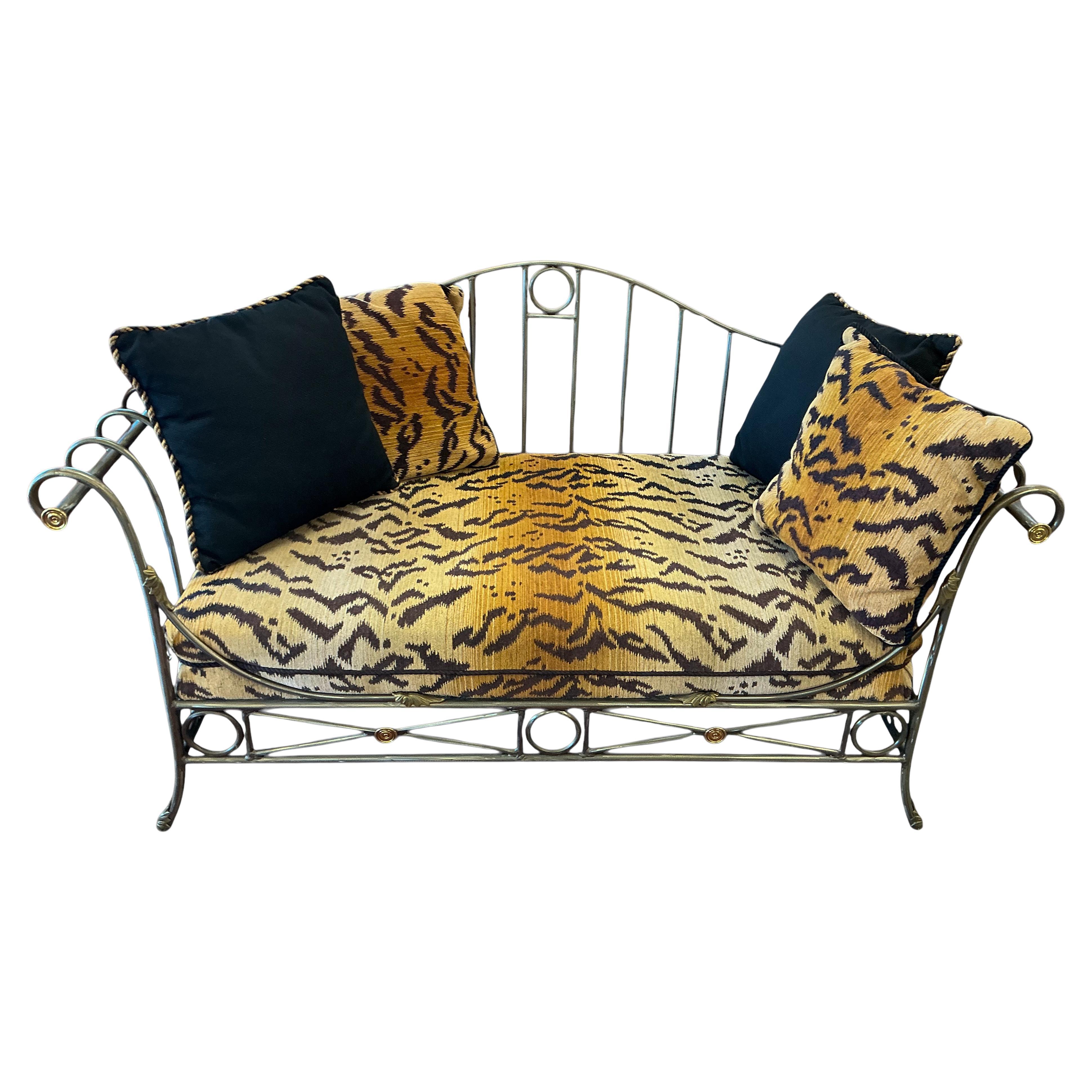 Neoclassical French Maison Jansen Neo-Classical Style Steel Brass Tiger Velvet Daybed Settee For Sale