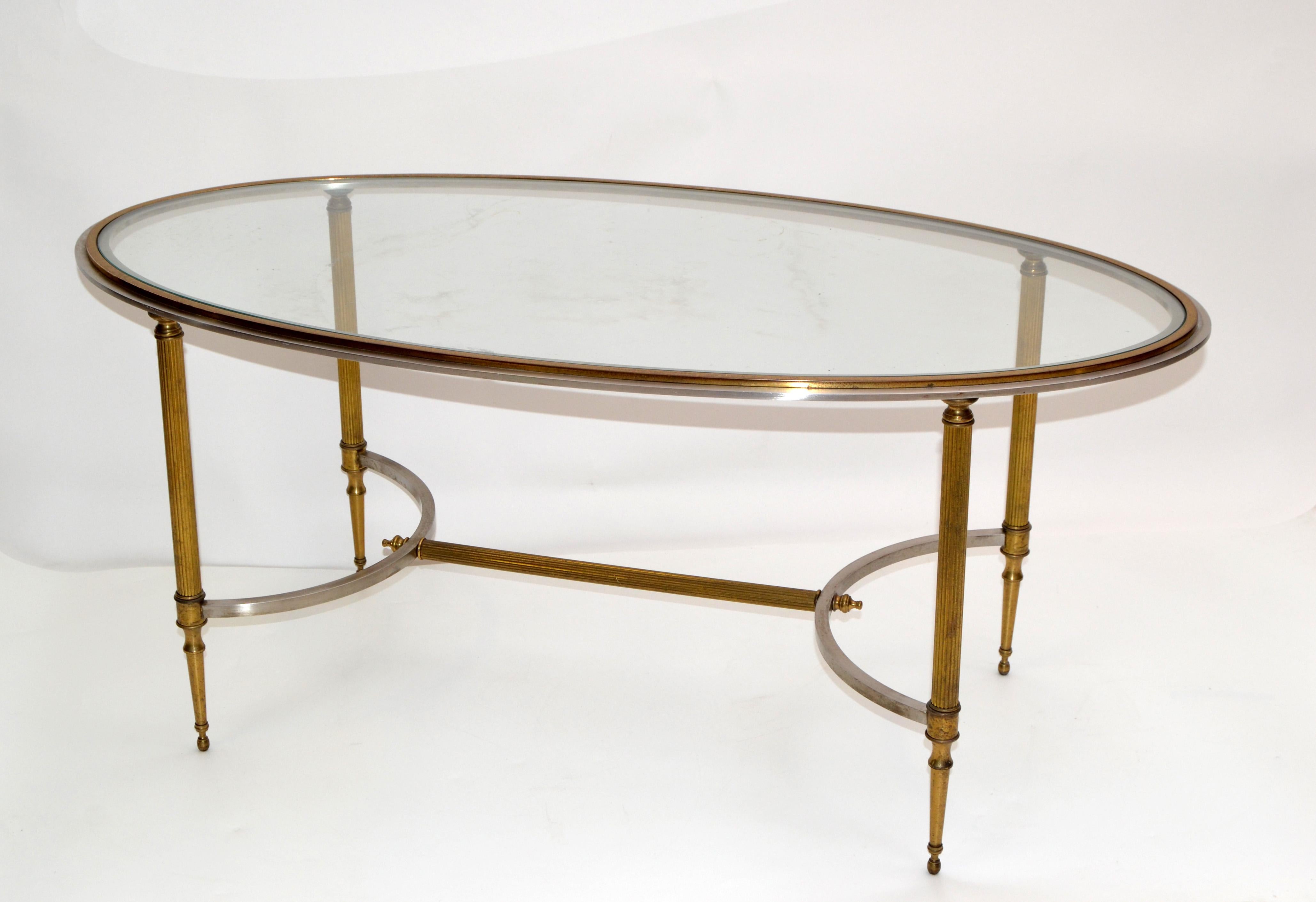 French Maison Jansen Oval Glass, Brass & Steel Coffee Table Neoclassical, 1960s 11