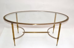 French Maison Jansen Oval Glass, Brass & Steel Coffee Table Neoclassical, 1960s