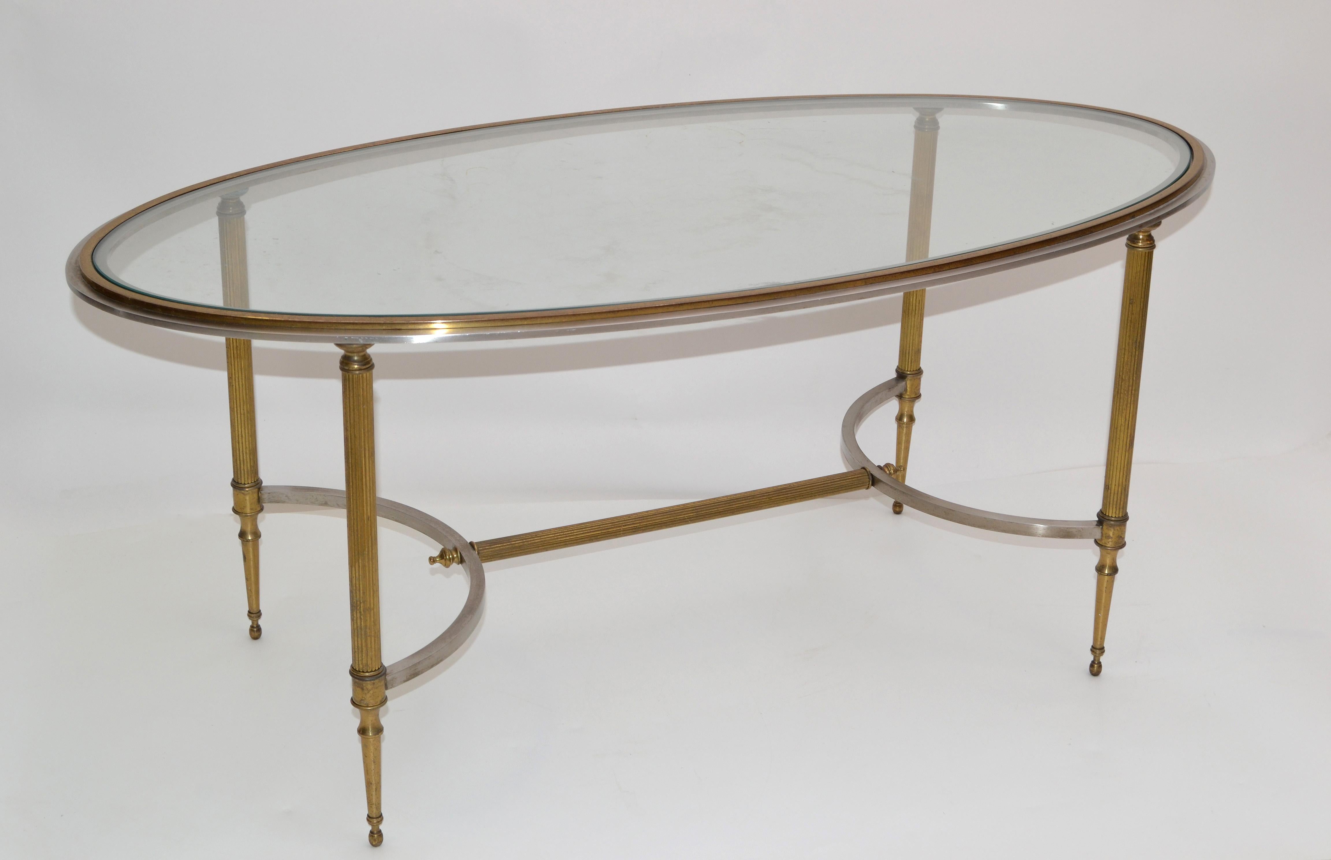 Beveled French Maison Jansen Oval Glass, Brass & Steel Coffee Table Neoclassical, 1960s