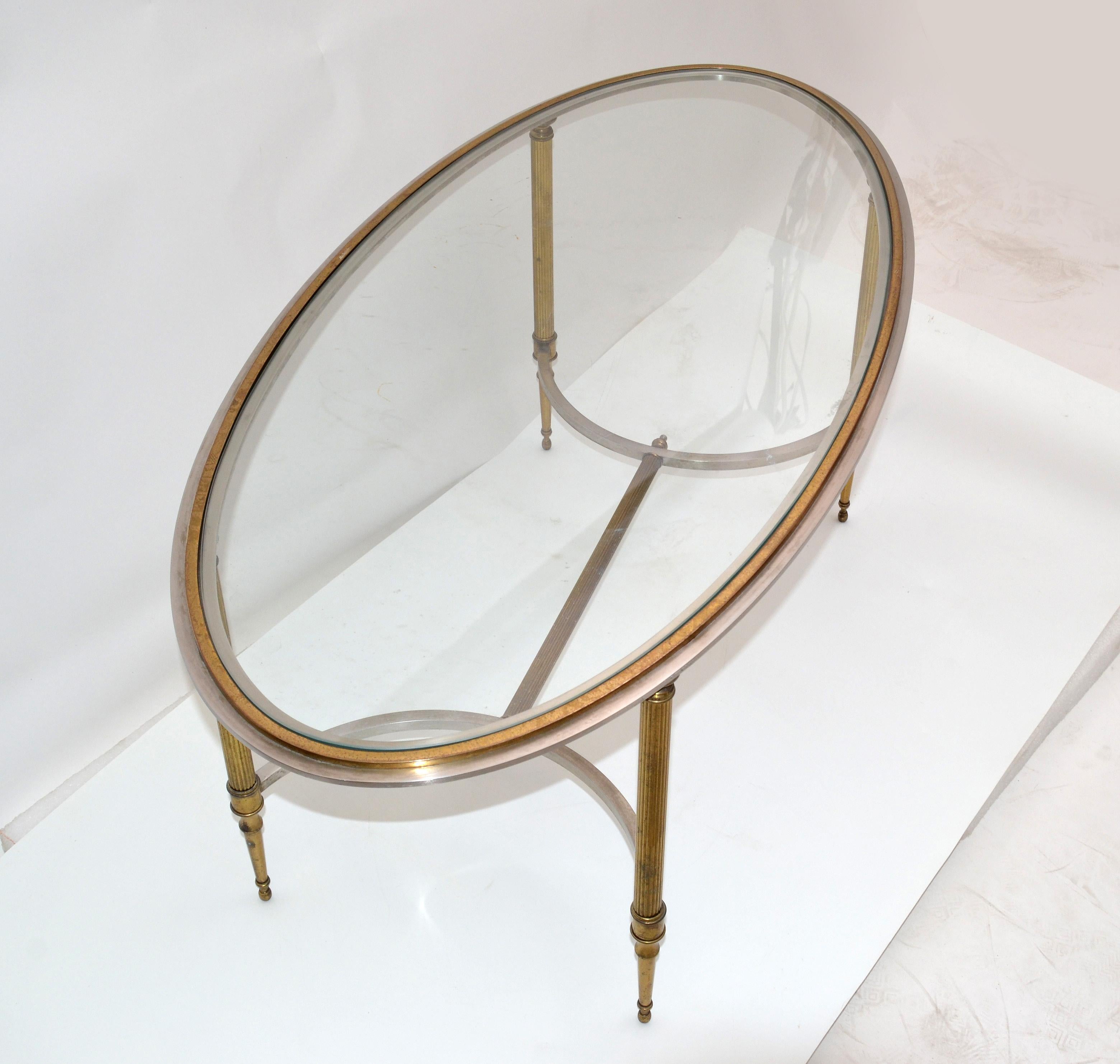French Maison Jansen Oval Glass, Brass & Steel Coffee Table Neoclassical, 1960s In Good Condition In Miami, FL