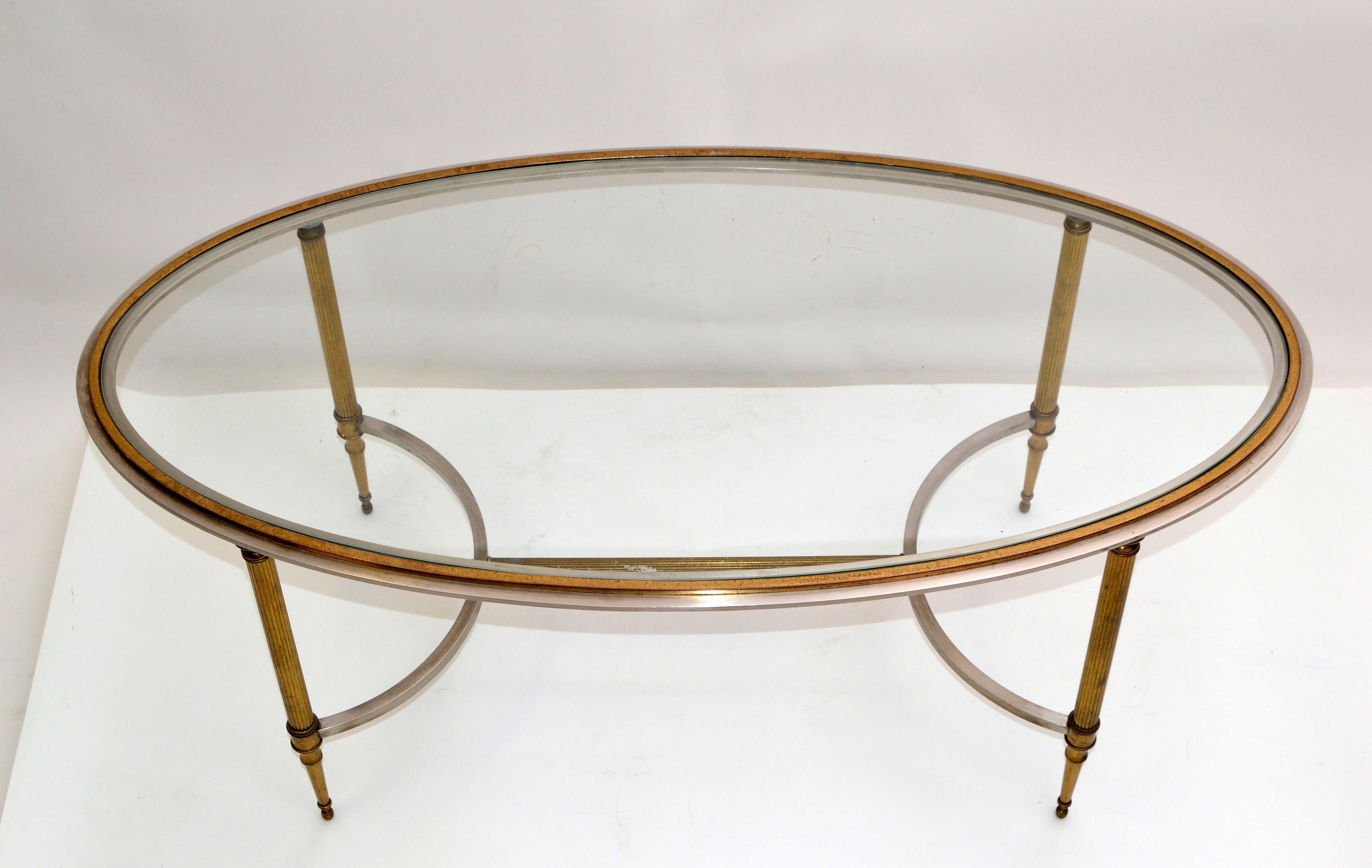 Mid-20th Century French Maison Jansen Oval Glass, Brass & Steel Coffee Table Neoclassical, 1960s