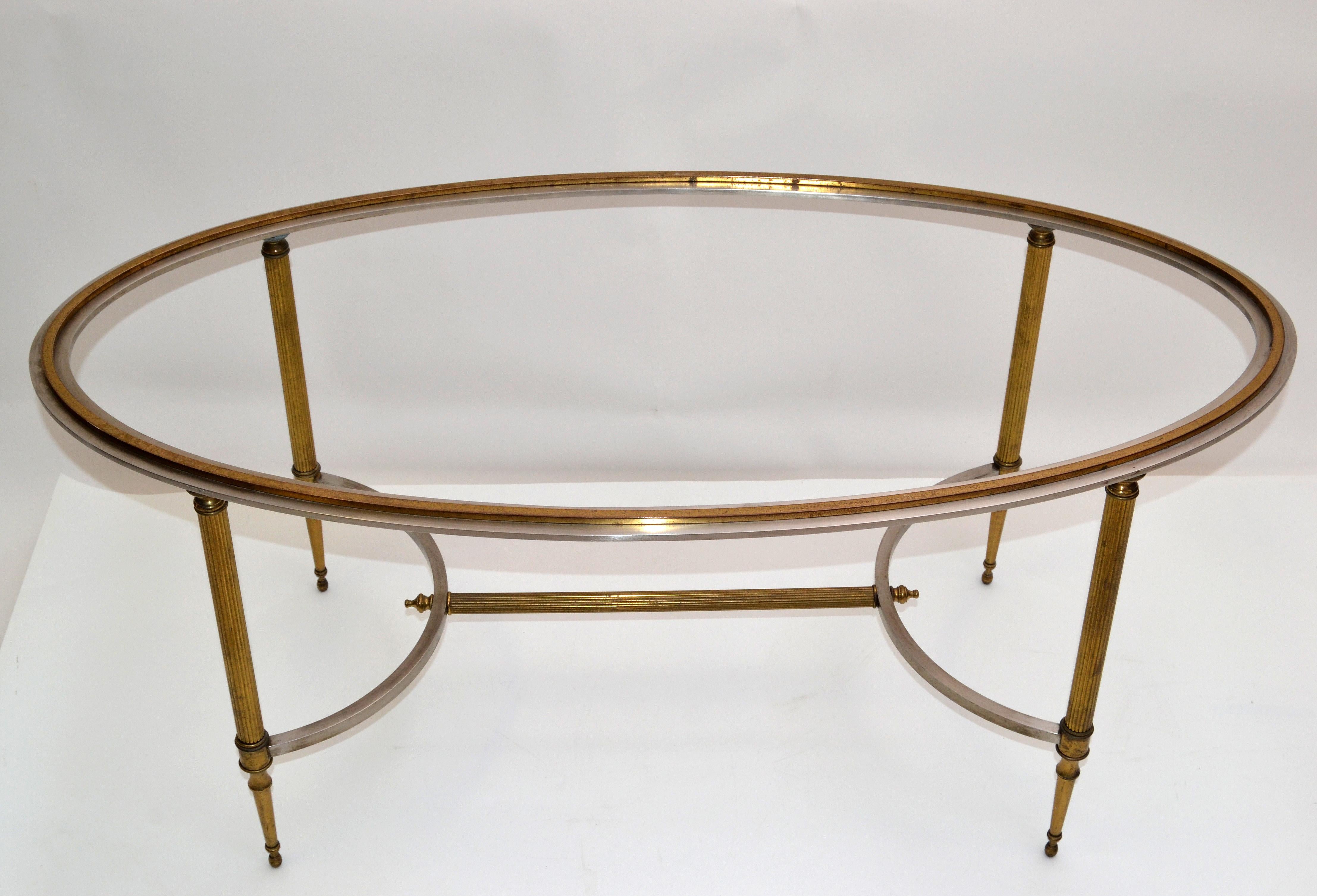 French Maison Jansen Oval Glass, Brass & Steel Coffee Table Neoclassical, 1960s 1
