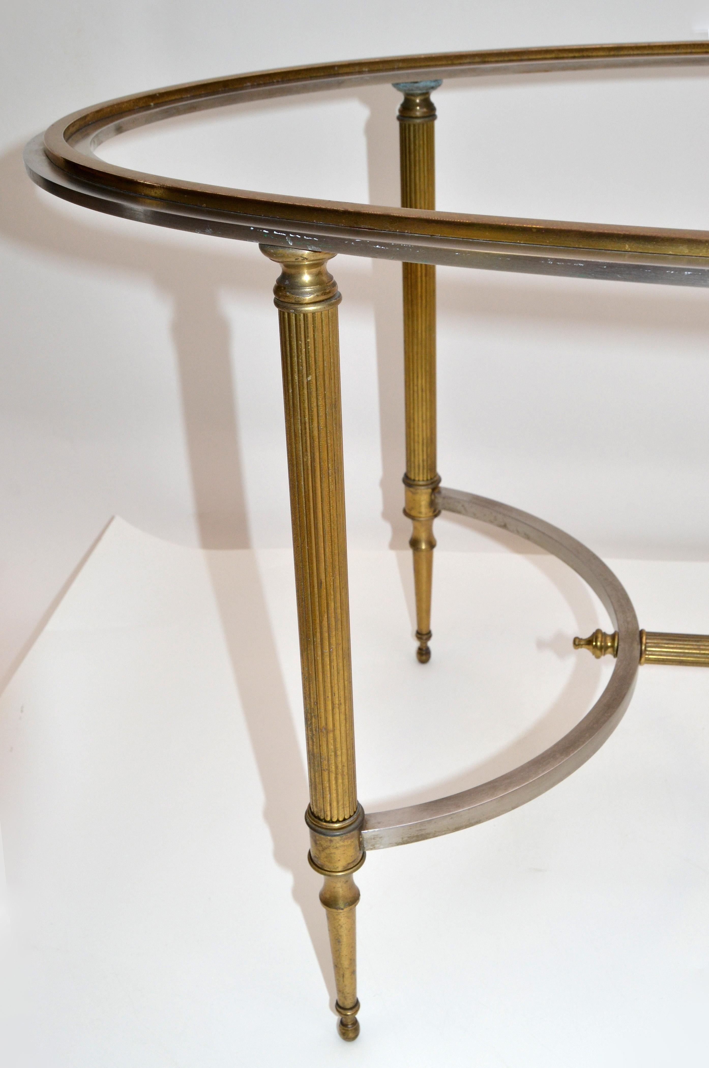 French Maison Jansen Oval Glass, Brass & Steel Coffee Table Neoclassical, 1960s 3