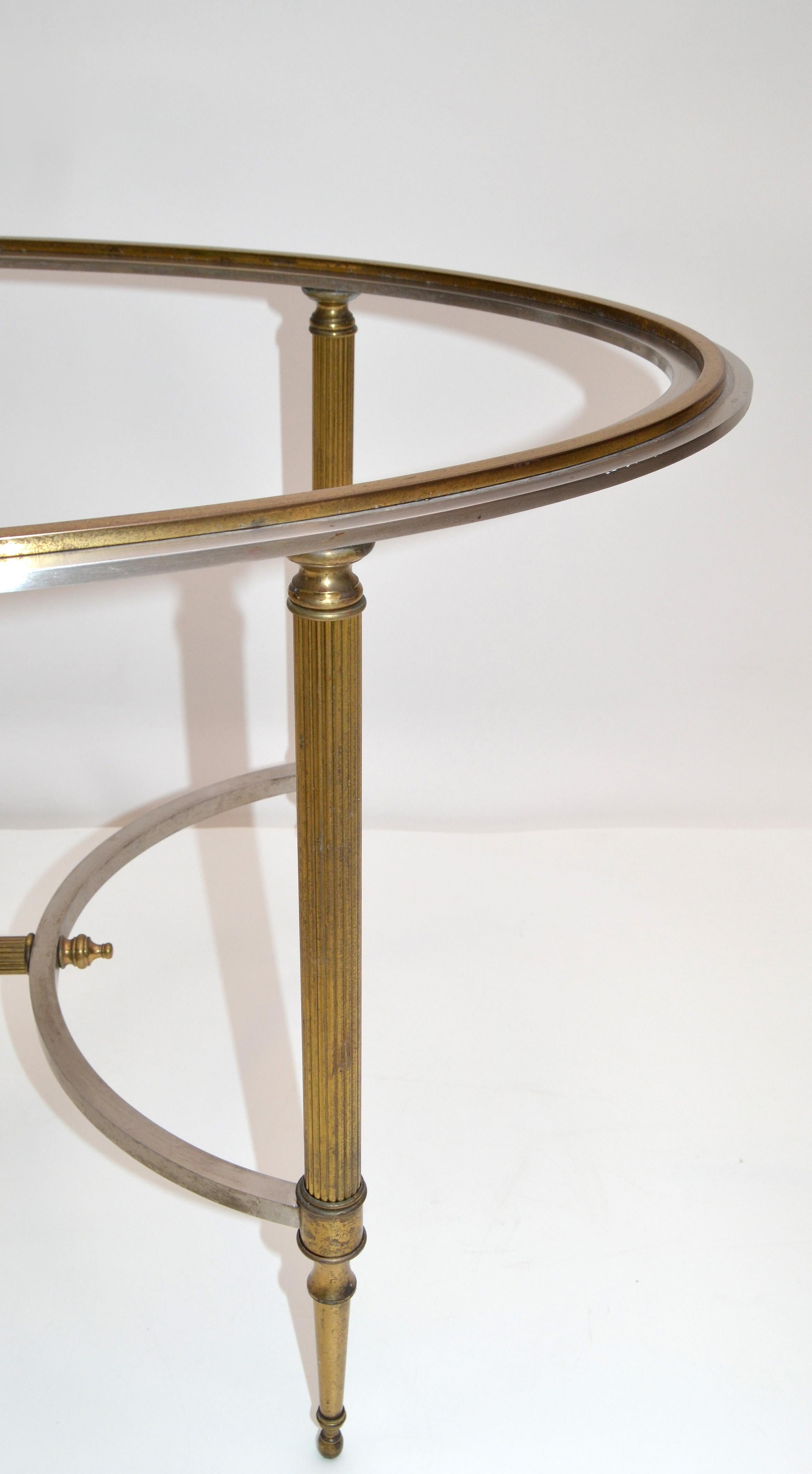 French Maison Jansen Oval Glass, Brass & Steel Coffee Table Neoclassical, 1960s 4