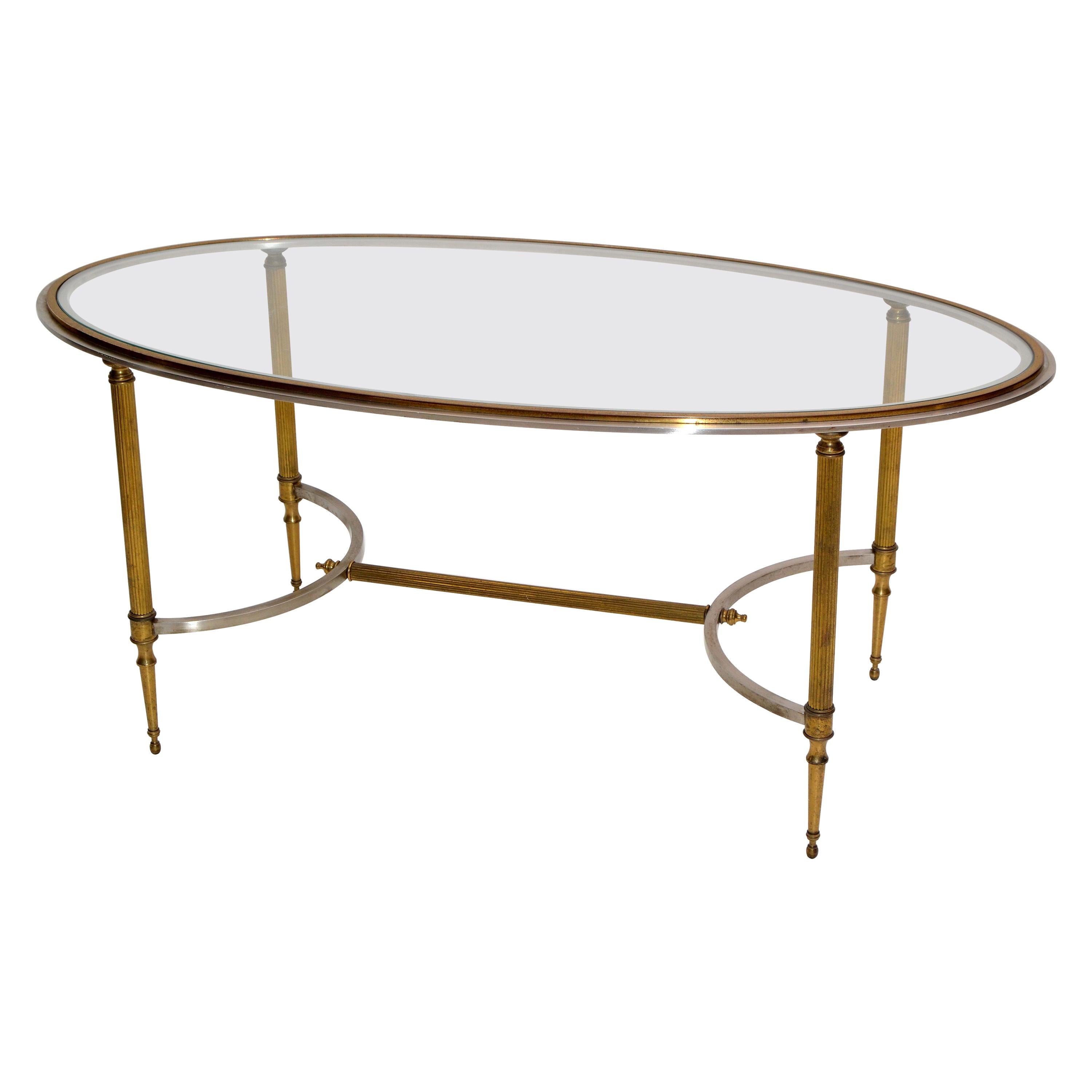 French Maison Jansen Oval Glass, Brass & Steel Coffee Table Neoclassical, 1960s