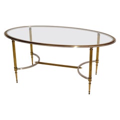 French Maison Jansen Oval Glass, Brass & Steel Coffee Table Neoclassical, 1960s