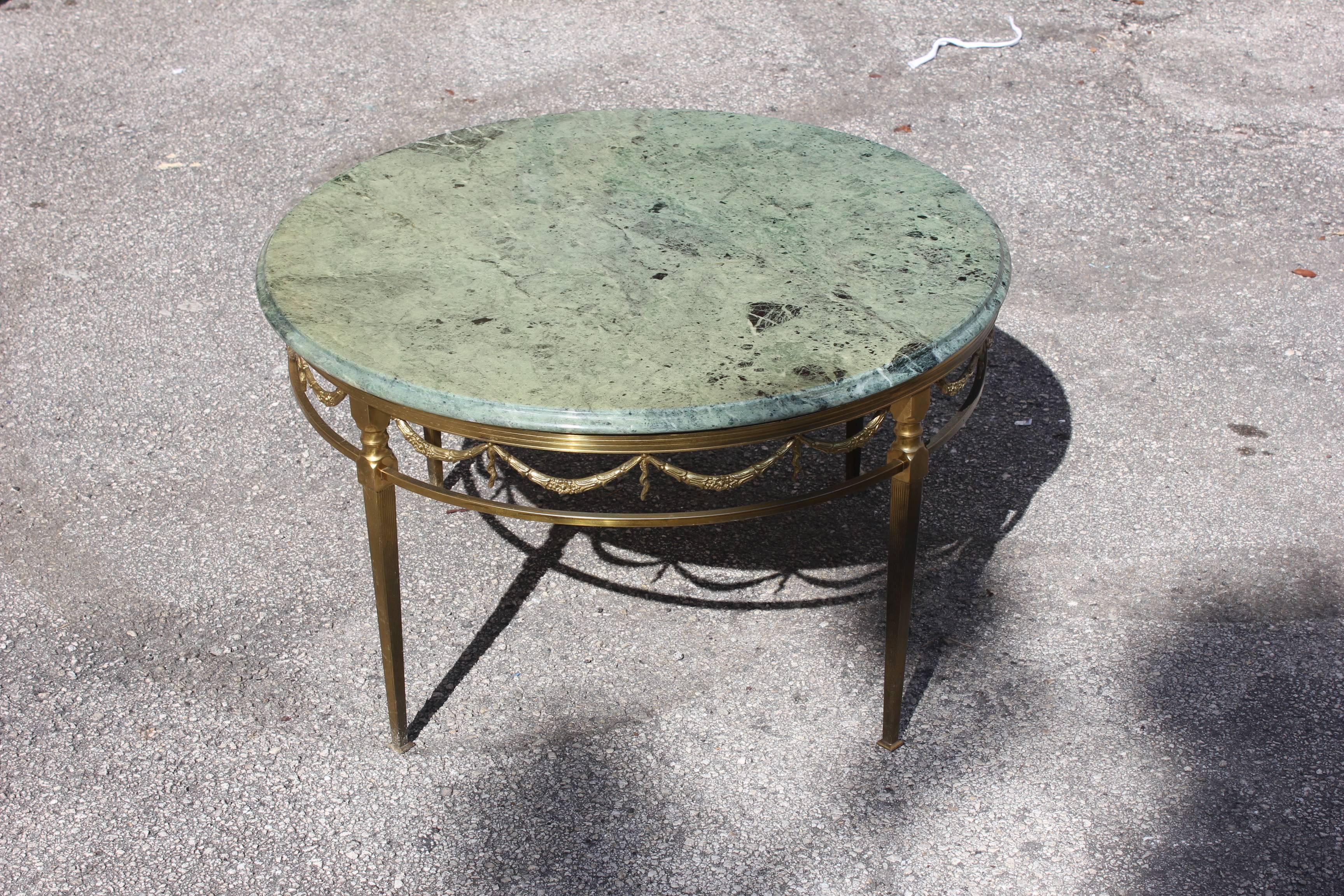 French Maison Jansen Round Coffee Table Bronze with Marble Top, circa 1940s In Good Condition In Hialeah, FL