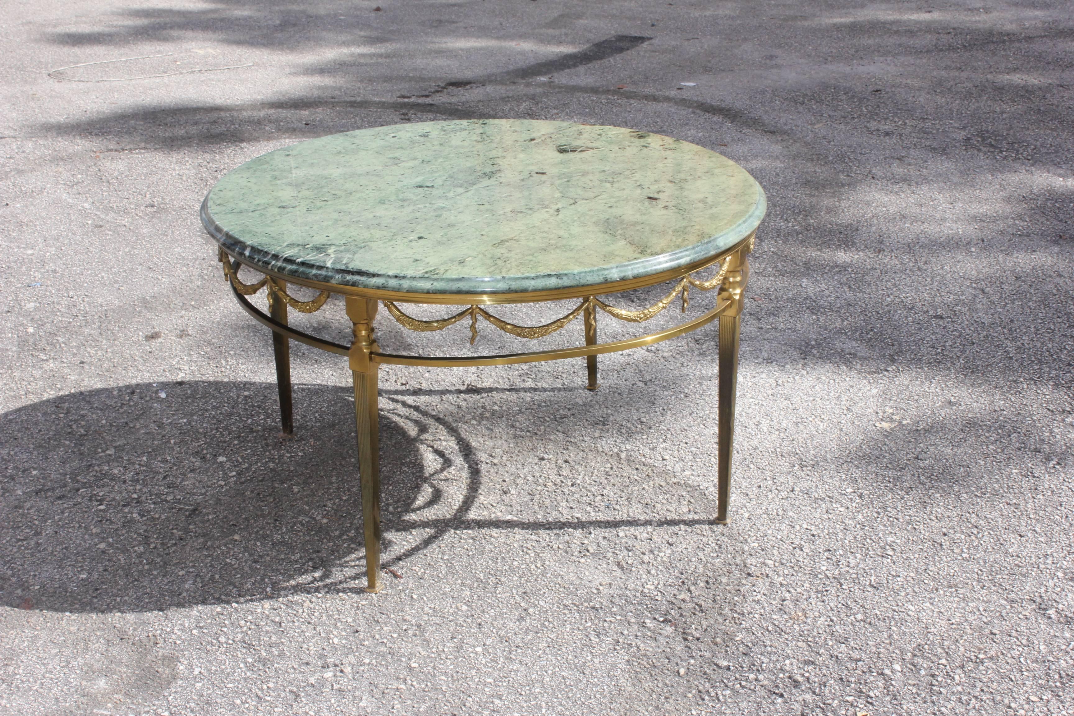 French Maison Jansen Round Coffee Table Bronze with Marble Top, circa 1940s 4