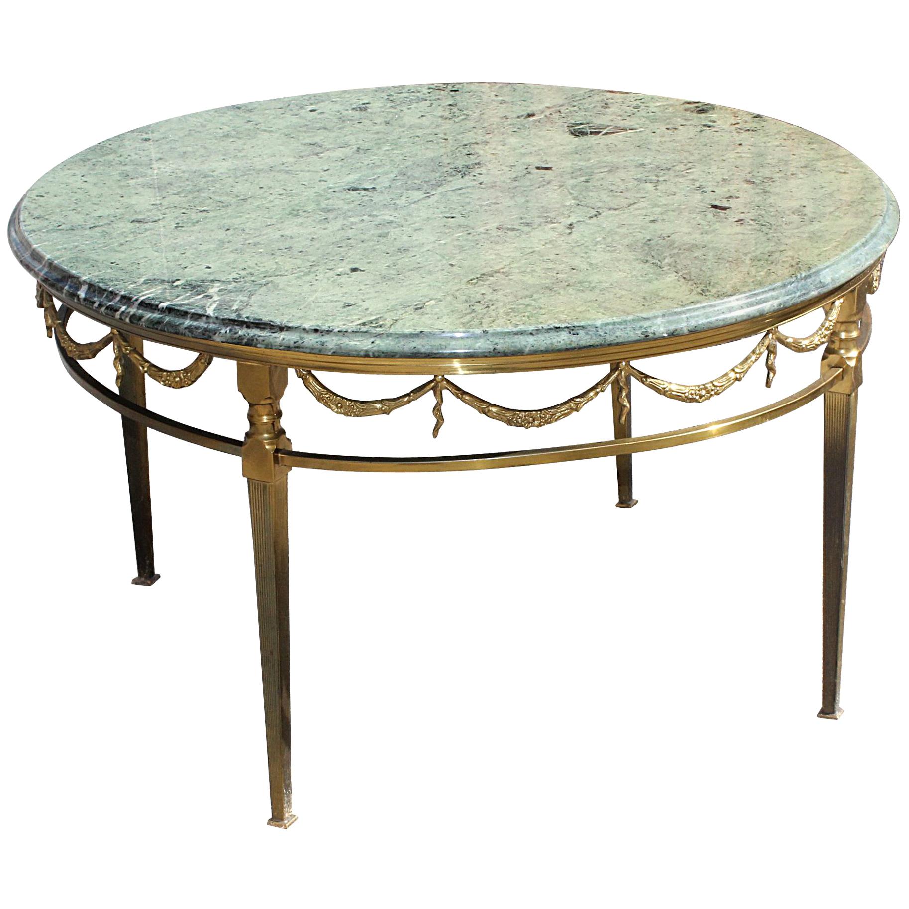French Maison Jansen Round Coffee Table Bronze with Marble Top, circa 1940s